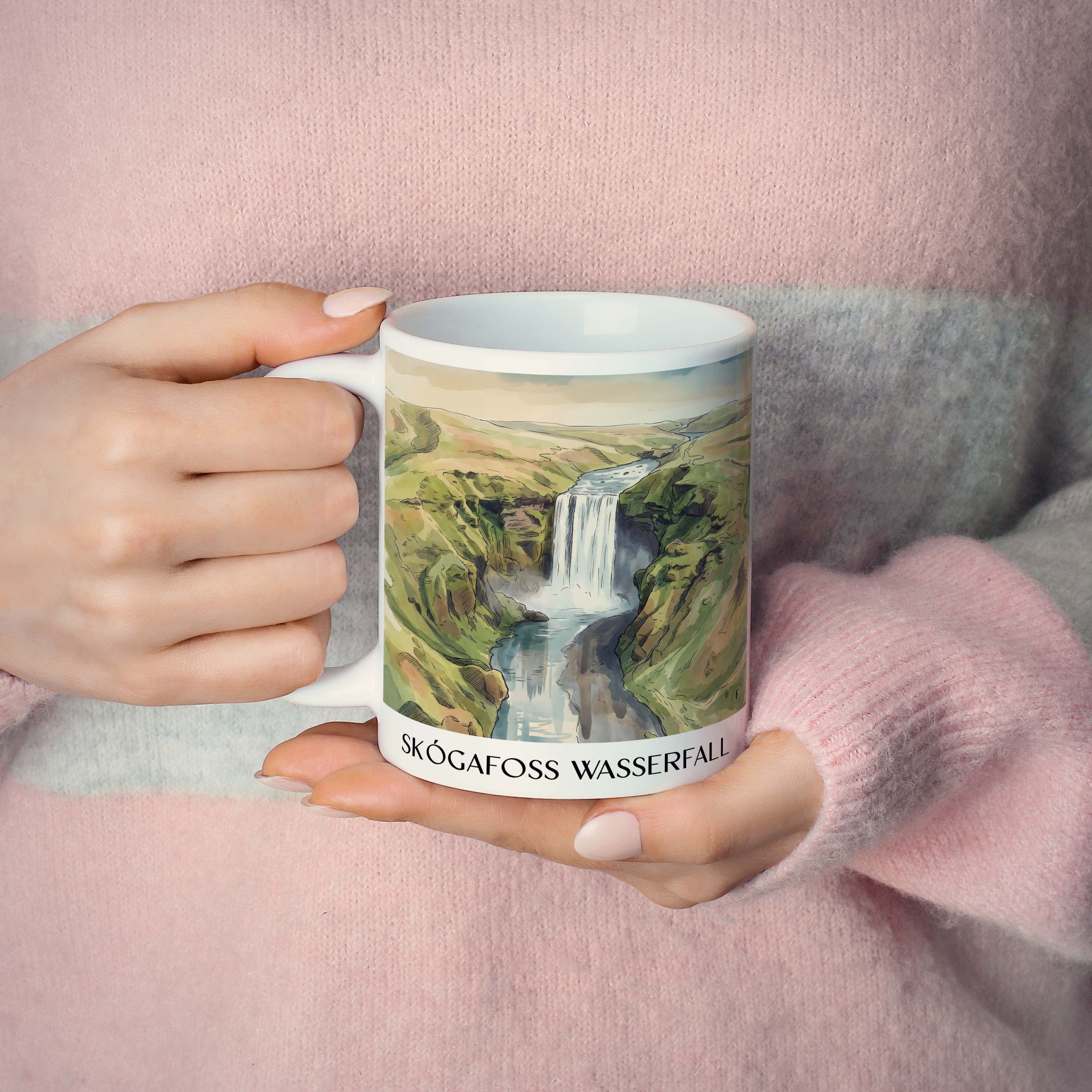 skógafoss-wasserfall-island-island-kaffeebecher-aquarell