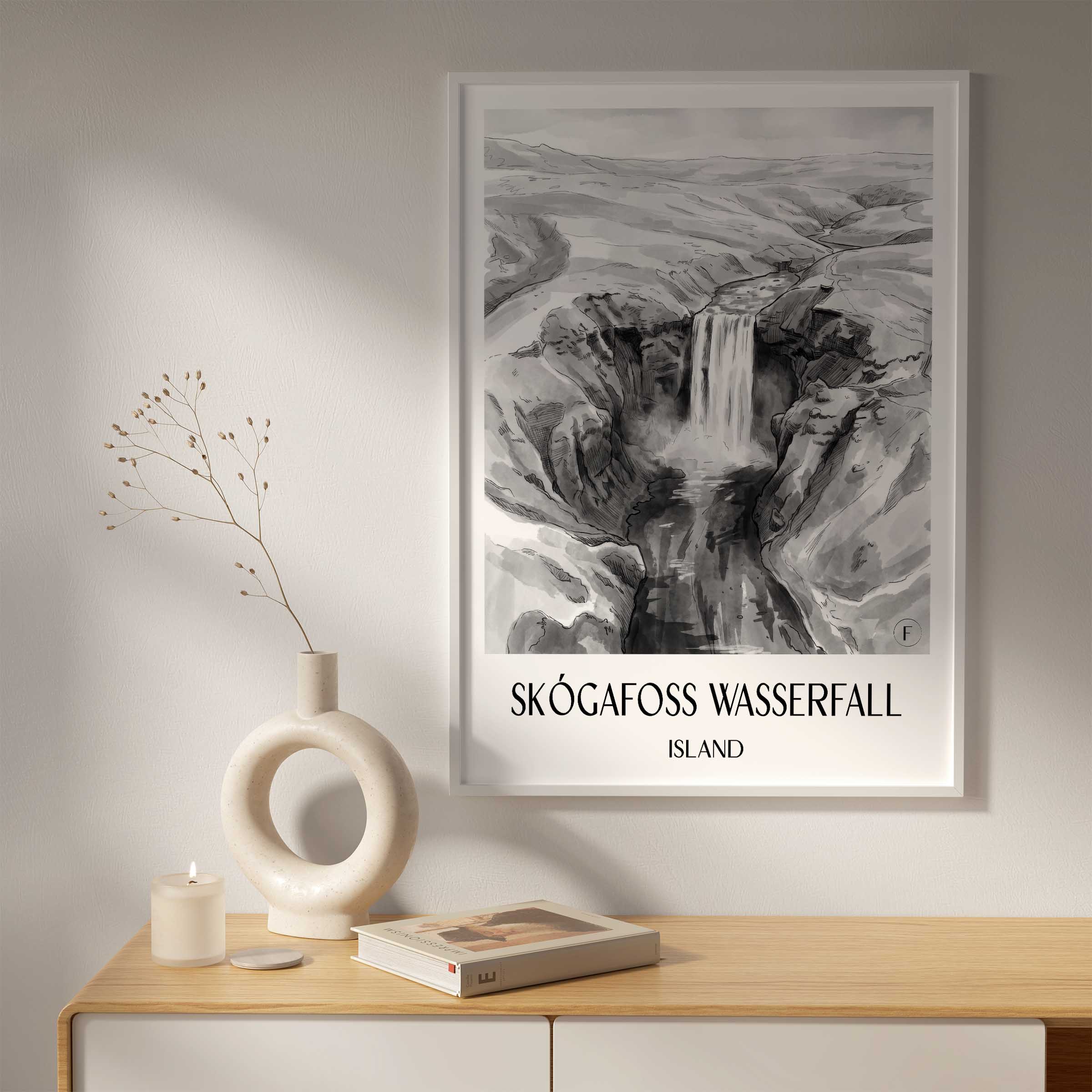 skógafoss-wasserfall-island-island-poster-aquarell-schwarz-weiss