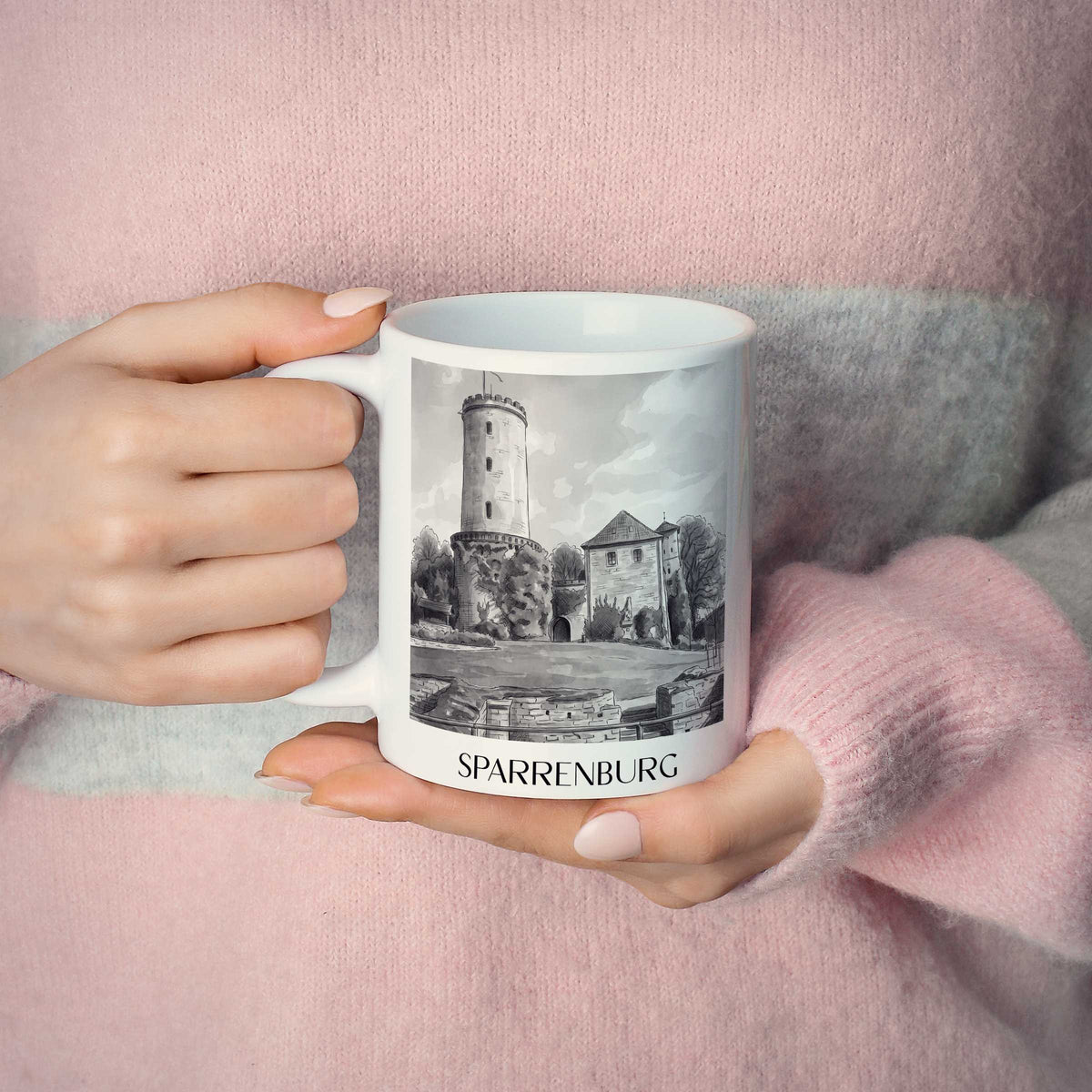 sparrenburg-bielefeld-deutschland-kaffeebecher-aquarell-schwarz-weiss