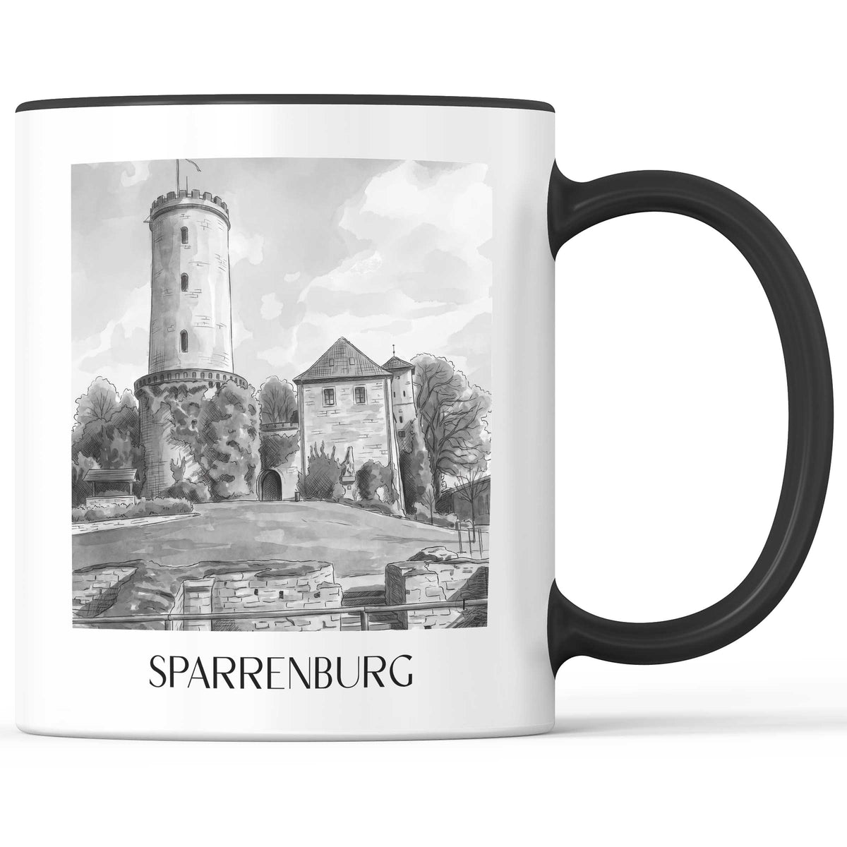 Sparrenburg Kaffeebecher - Bielefeld - Deutschland Becher - Kaffeetasse im Aquarell Schwarz-Weiß Stil - favplace