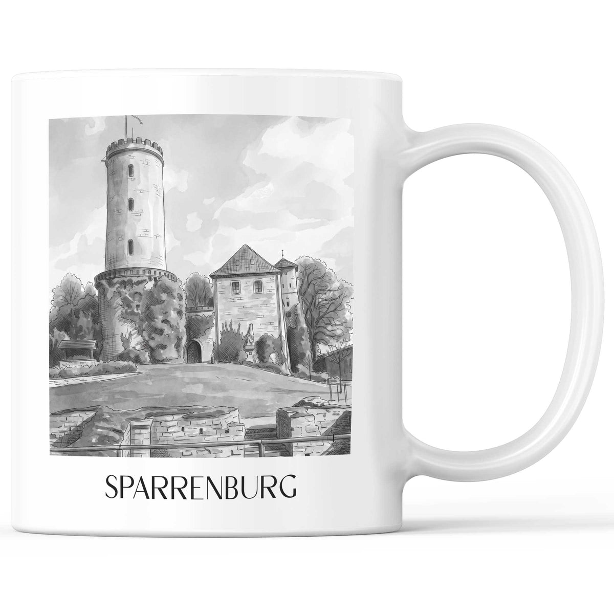 Sparrenburg Kaffeebecher - Bielefeld - Deutschland Becher - Kaffeetasse im Aquarell Schwarz-Weiß Stil - favplace