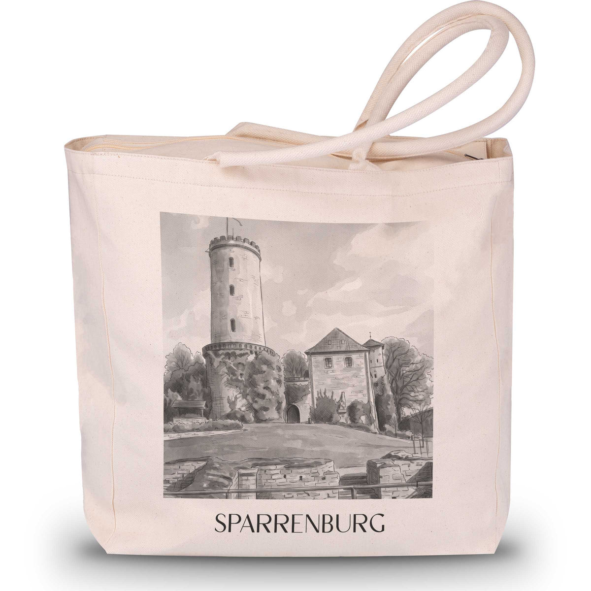 Sparrenburg Shopping Tasche - Bielefeld - Deutschland Tote Bag - Einkaufstasche im Aquarell Schwarz-Weiß Stil - favplace