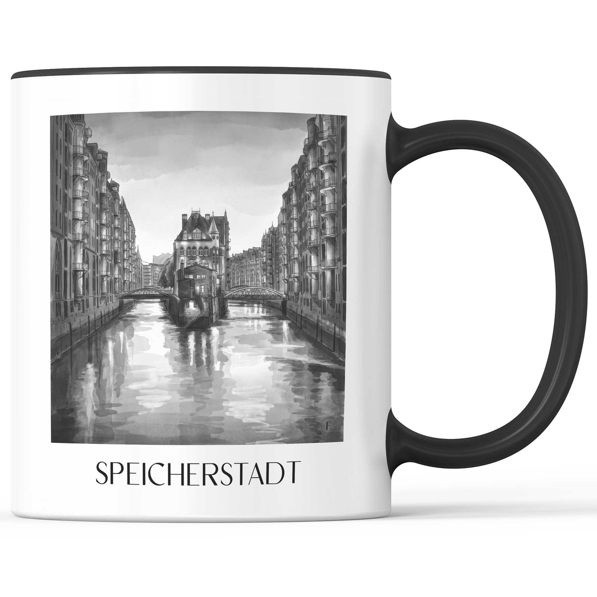 Speicherstadt Kaffeebecher - Hamburg - Deutschland Becher - Kaffeetasse im Aquarell Schwarz-Weiß Stil - favplace