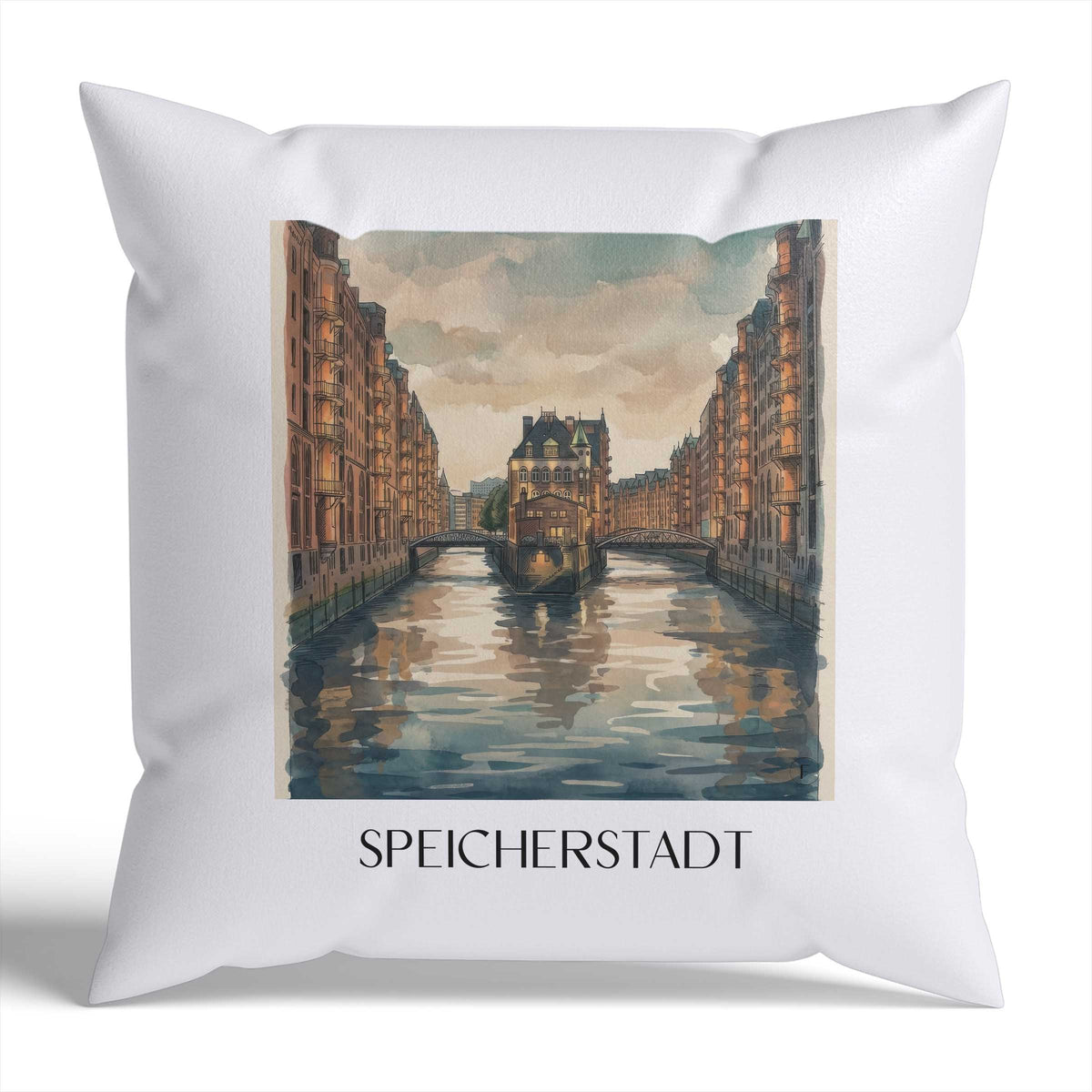Speicherstadt Kissenhülle - Zierkissen Bezug - Hamburg - Deutschland Kissen bzw. Kissenbezug im Aquarell Stil - favplace