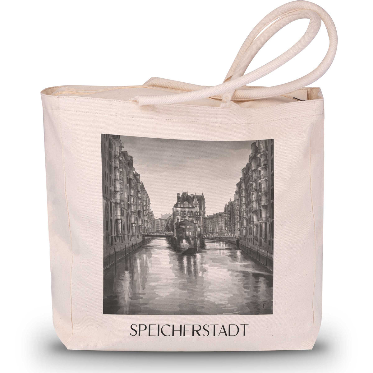 Speicherstadt Shopping Tasche - Hamburg - Deutschland Tote Bag - Einkaufstasche im Aquarell Schwarz-Weiß Stil - favplace