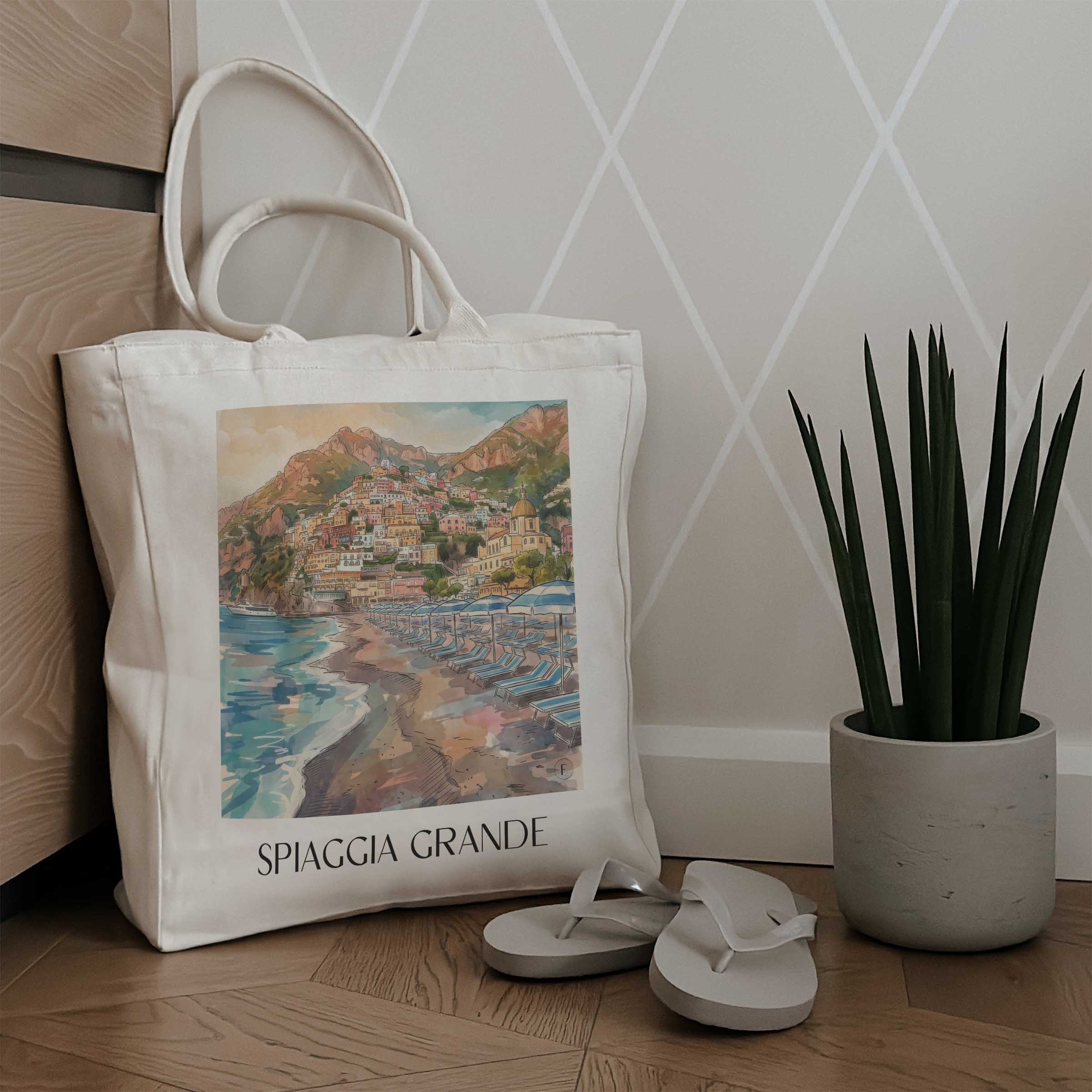 spiaggia-grande-positano-italien-einkaufstasche-aquarell