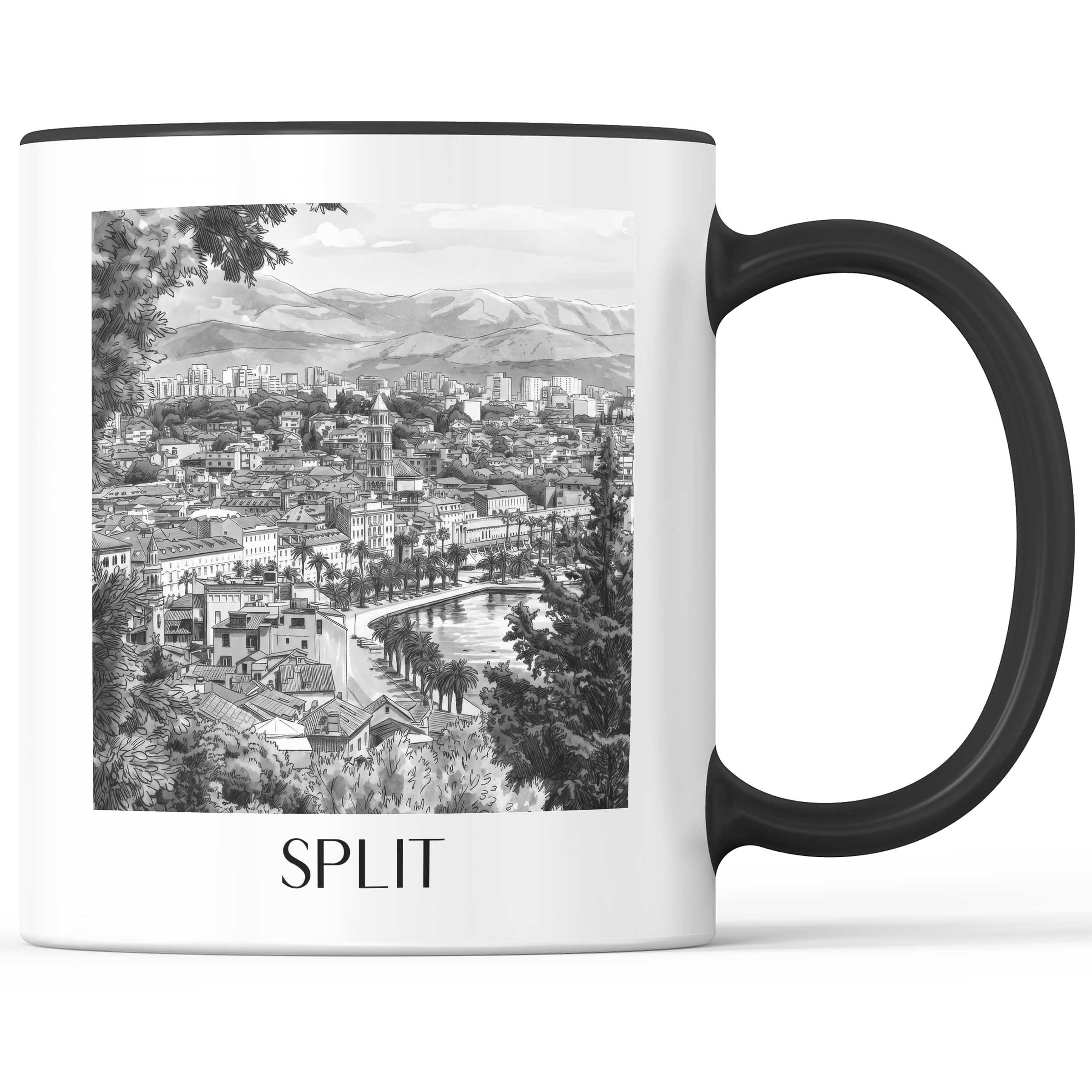Split - Kroatien Becher - Kaffeetasse im Aquarell Schwarz-Weiß Stil - favplace
