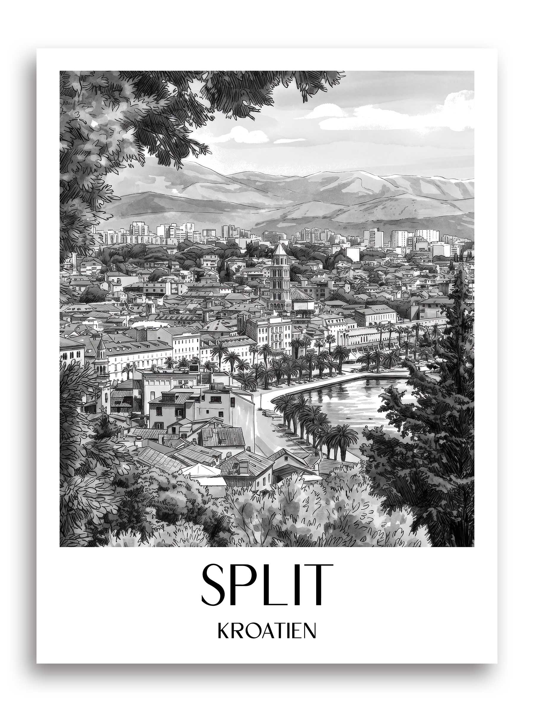 split-kroatien-poster-aquarell-schwarz-weiss