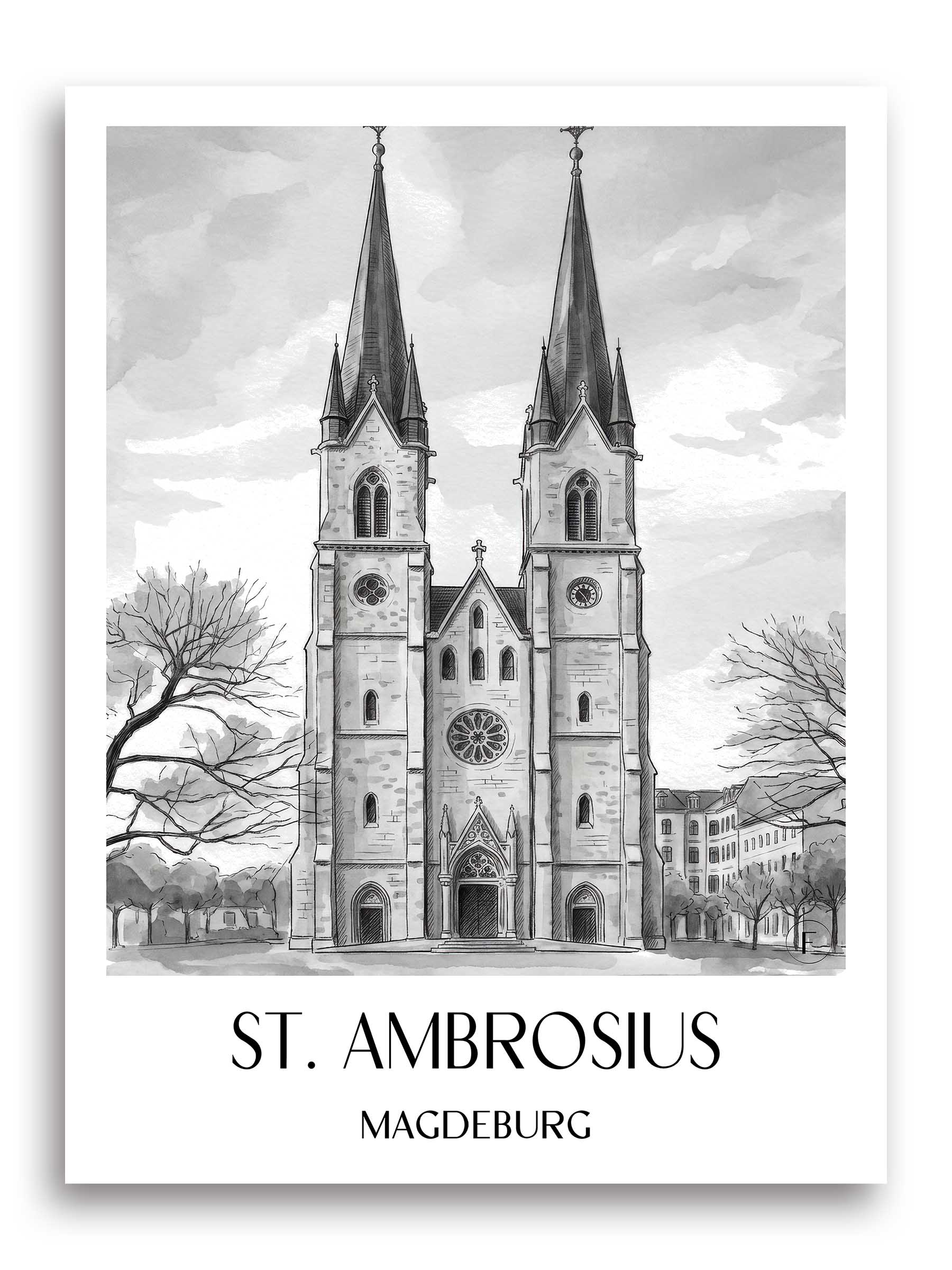 St. Ambrosius Poster - Magdeburg - Deutschland Kunstdruck - Aquarell Schwarz-Weiß von A4 bis A1 - favplace