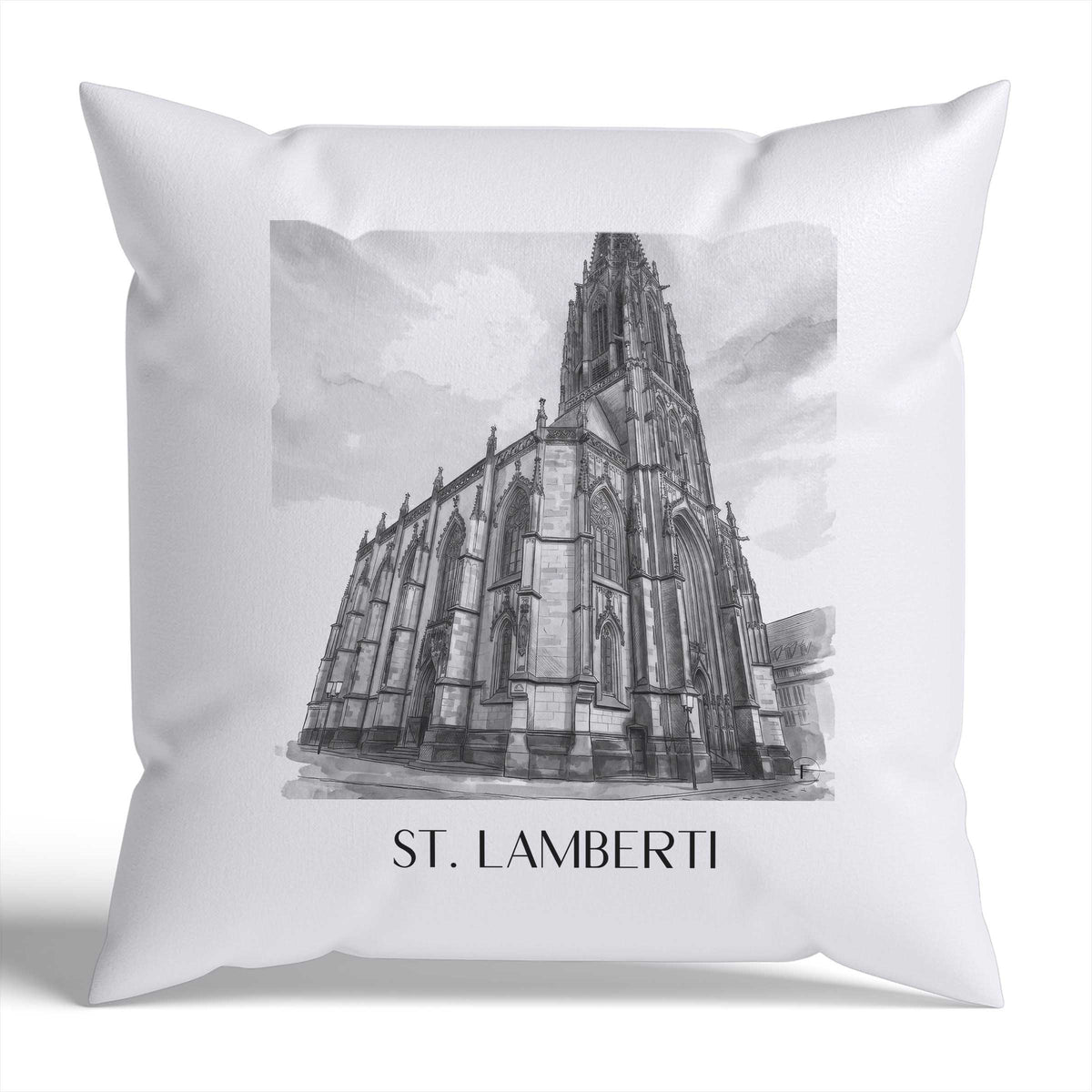 St. Lamberti Kissenhülle - Zierkissen Bezug - Münster - Deutschland Kissen bzw. Kissenbezug im Aquarell Schwarz-Weiß Stil - favplace