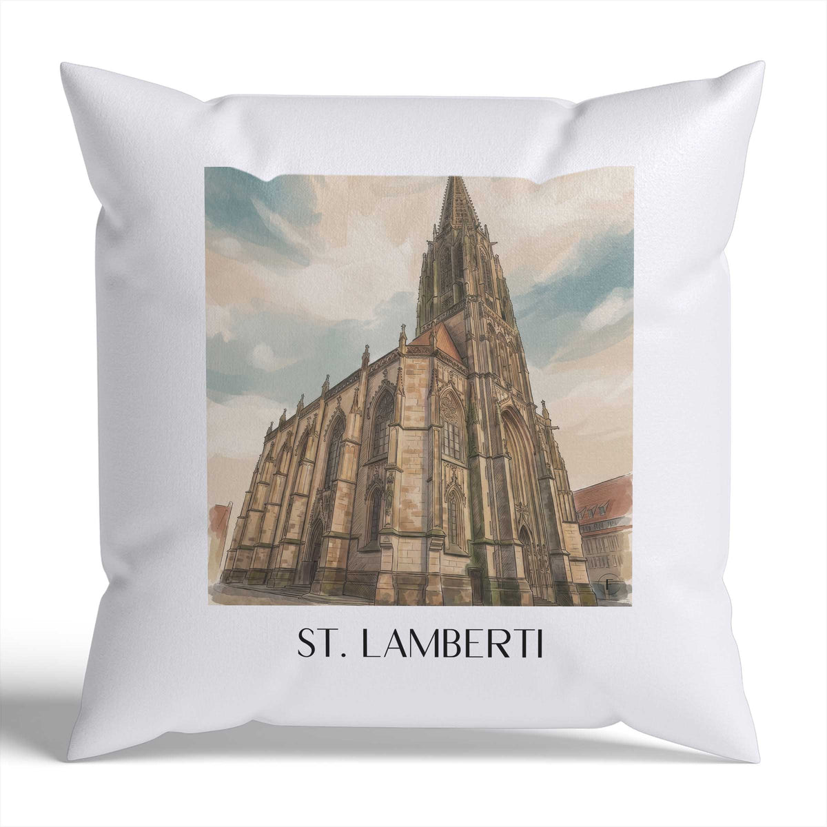 St. Lamberti Kissenhülle - Zierkissen Bezug - Münster - Deutschland Kissen bzw. Kissenbezug im Aquarell Stil - favplace