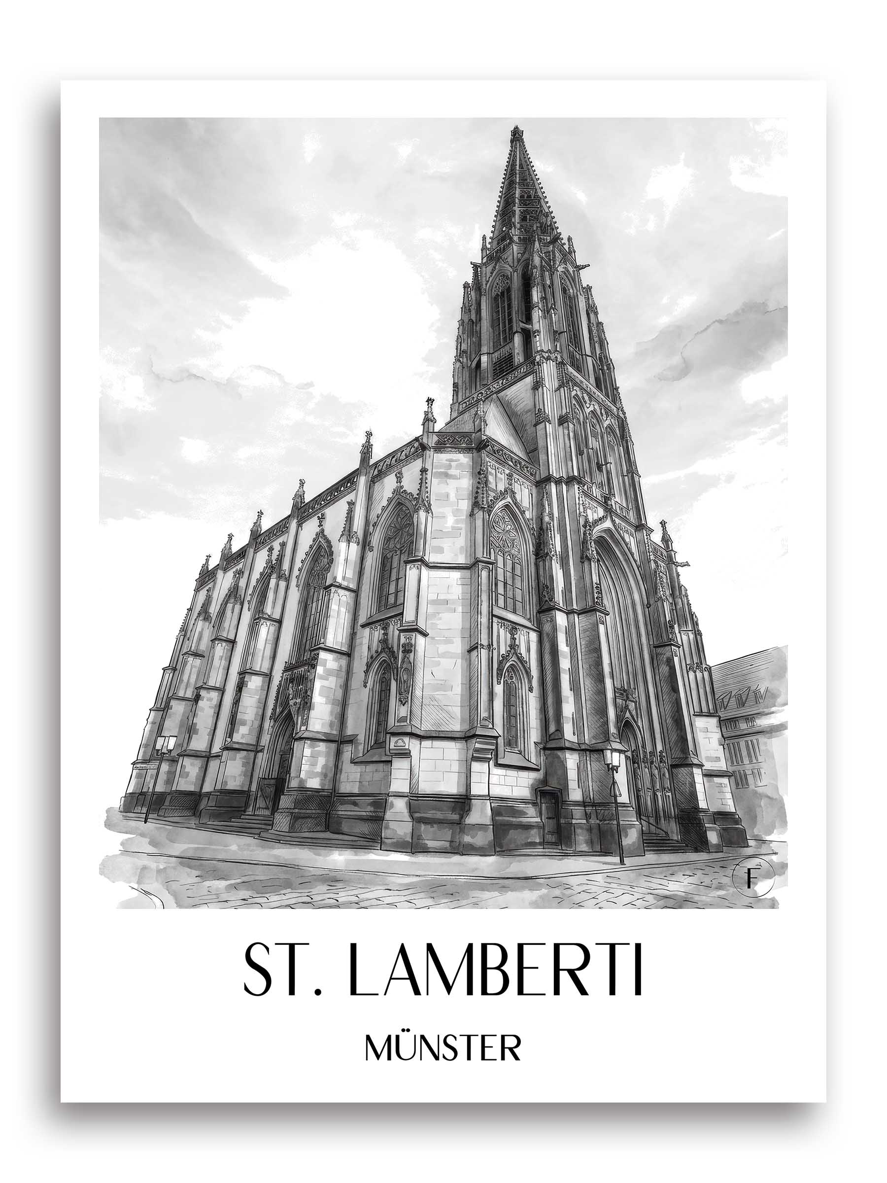 st.-lamberti-münster-deutschland-poster-aquarell-schwarz-weiss