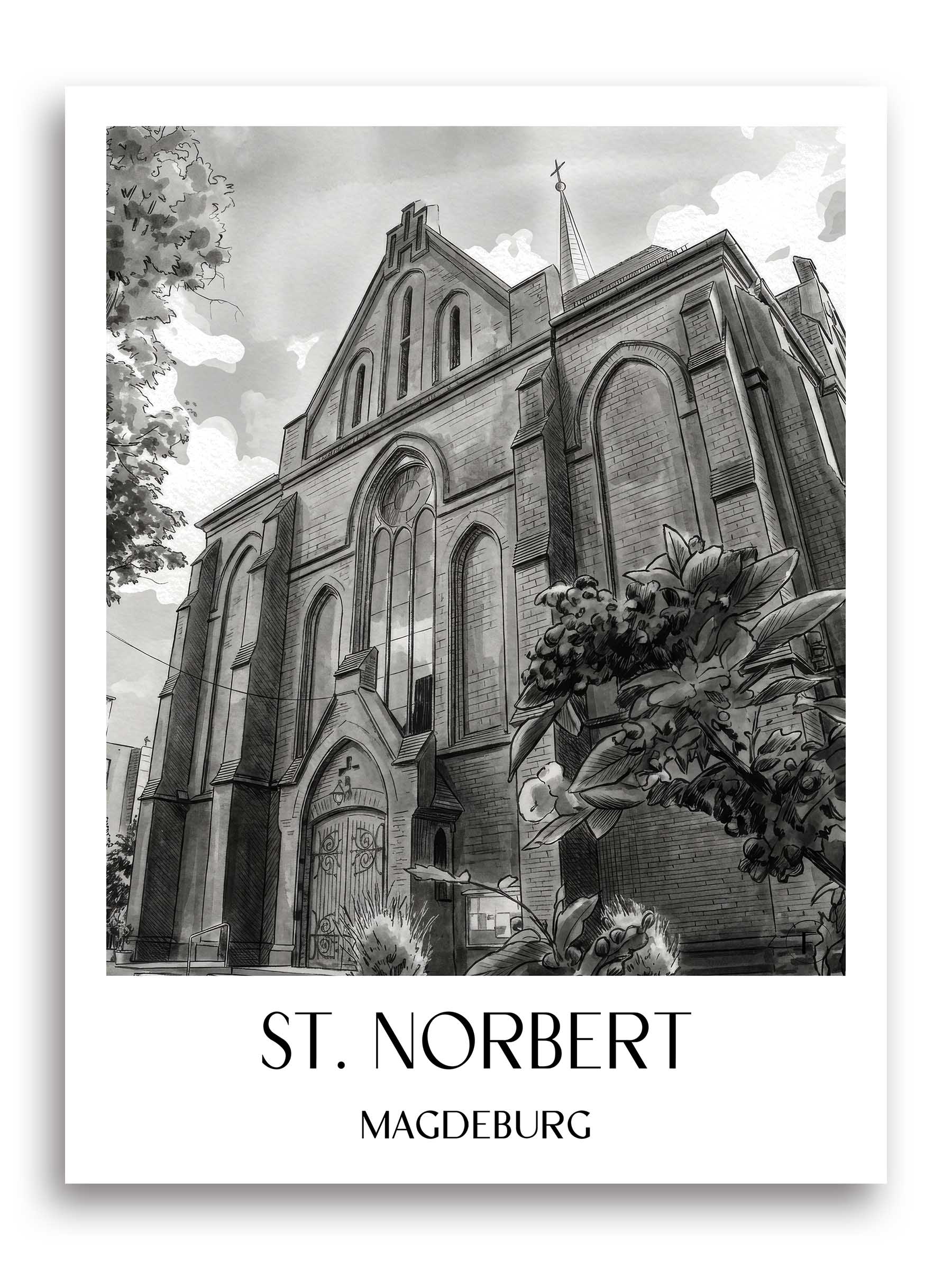 St. Norbert Poster - Magdeburg - Deutschland Kunstdruck - Aquarell Schwarz-Weiß von A4 bis A1 - favplace