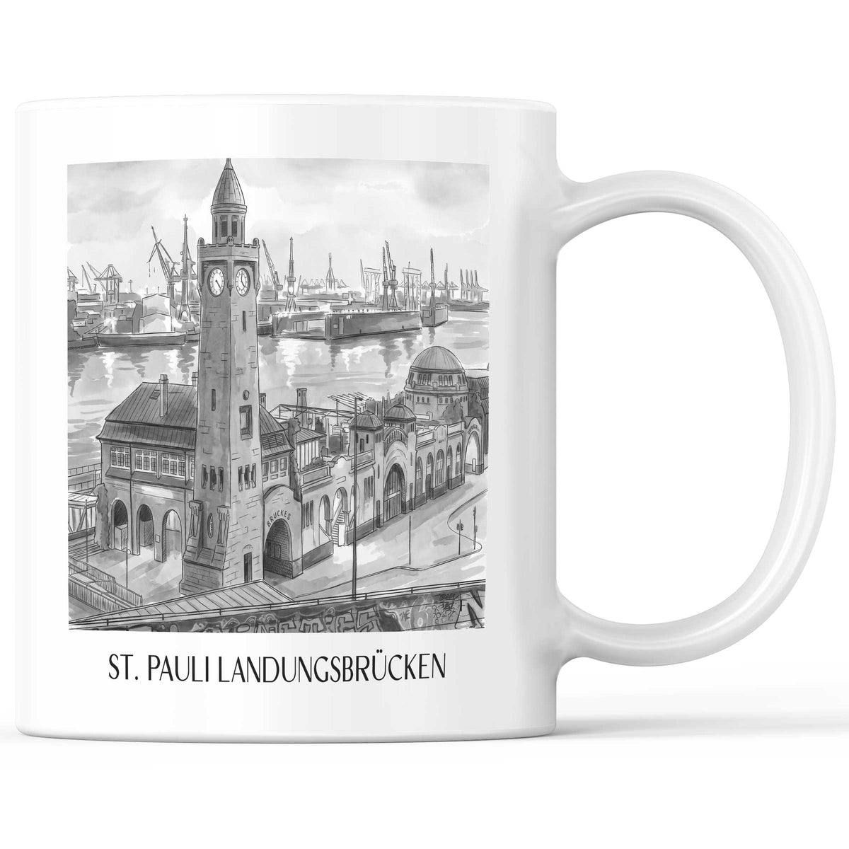 St. Pauli Landungsbrücken Kaffeebecher - Hamburg - Deutschland Becher - Kaffeetasse im Aquarell Schwarz-Weiß Stil - favplace