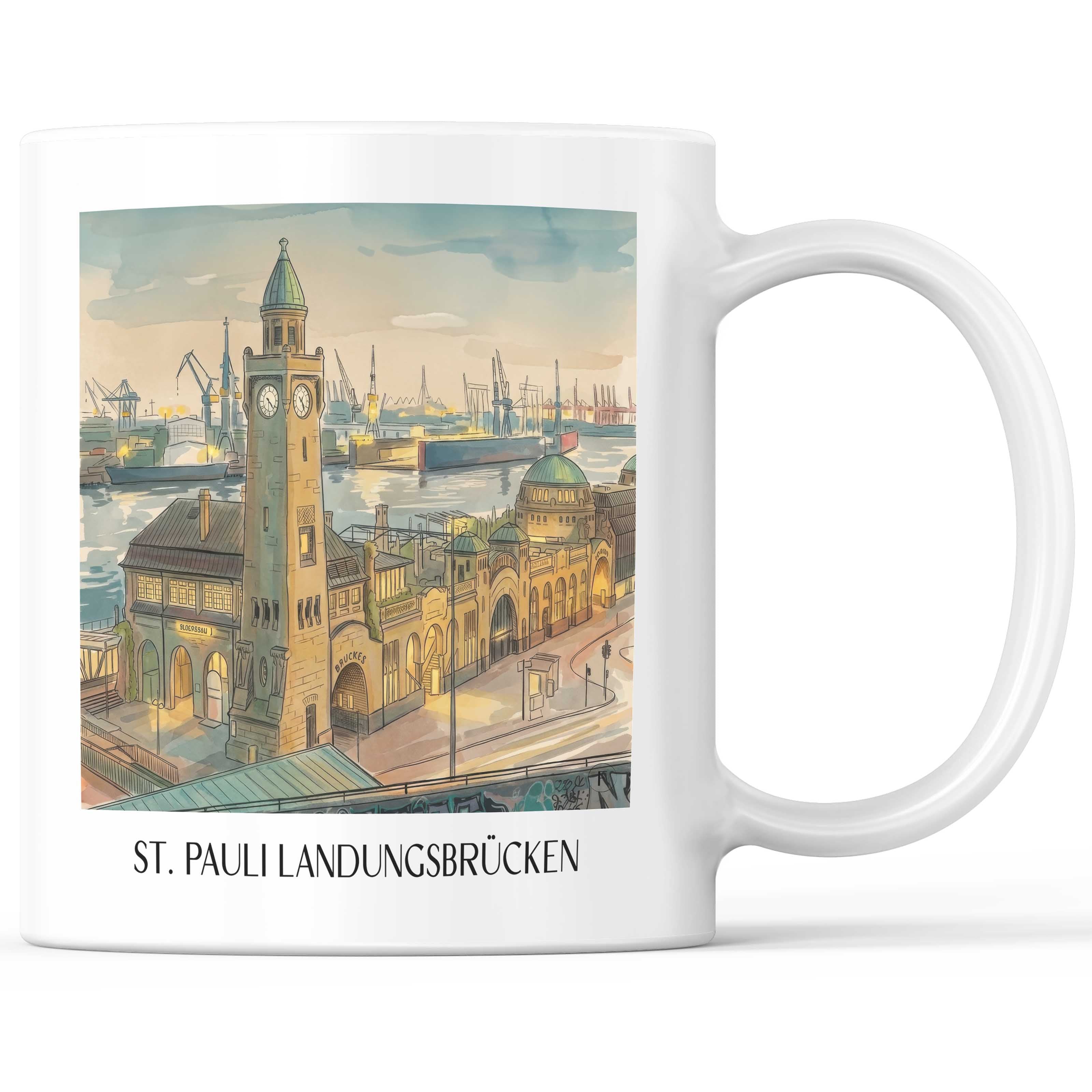 St. Pauli Landungsbrücken Kaffeebecher - Hamburg - Deutschland Becher - Kaffeetasse im Aquarell Stil - favplace