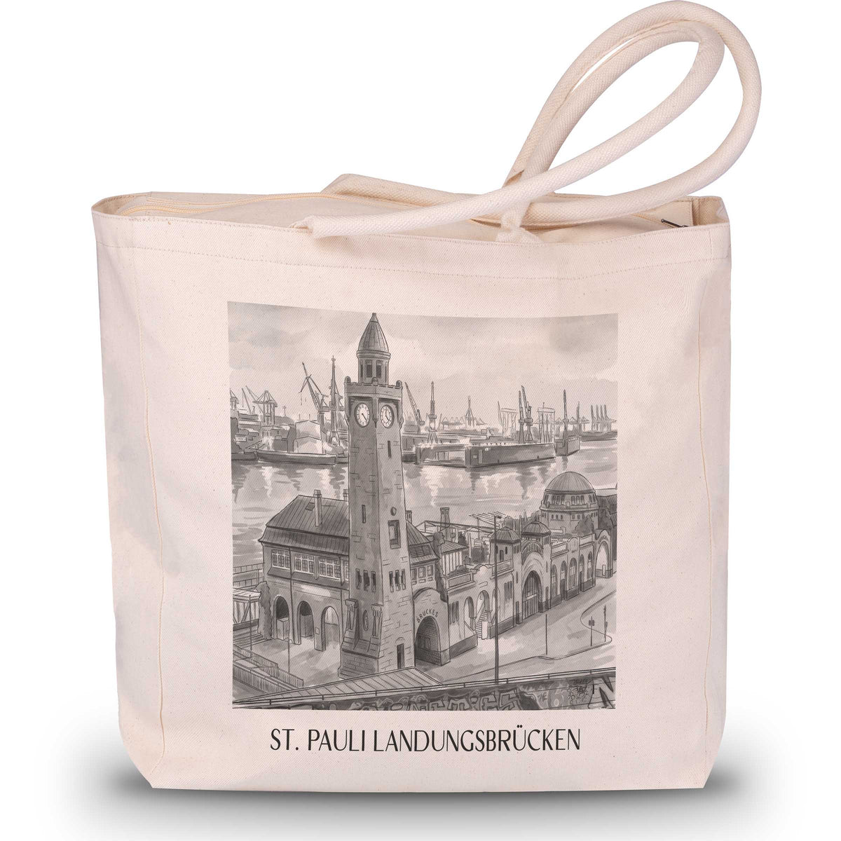St. Pauli Landungsbrücken Shopping Tasche - Hamburg - Deutschland Tote Bag - Einkaufstasche im Aquarell Schwarz-Weiß Stil - favplace