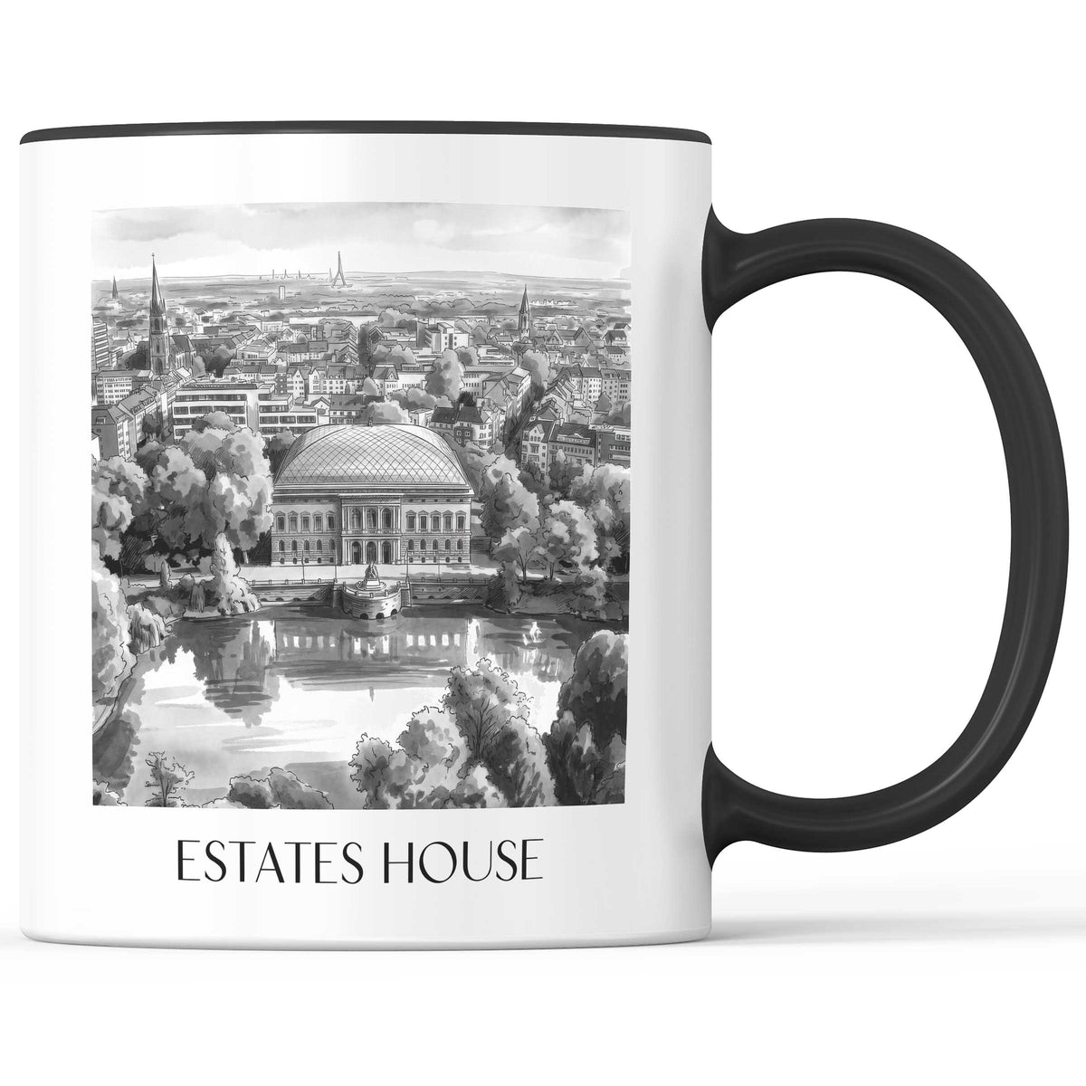 Ständehaus Kaffeebecher - Düsseldorf - Deutschland Becher - Kaffeetasse im Aquarell Schwarz-Weiß Stil - favplace