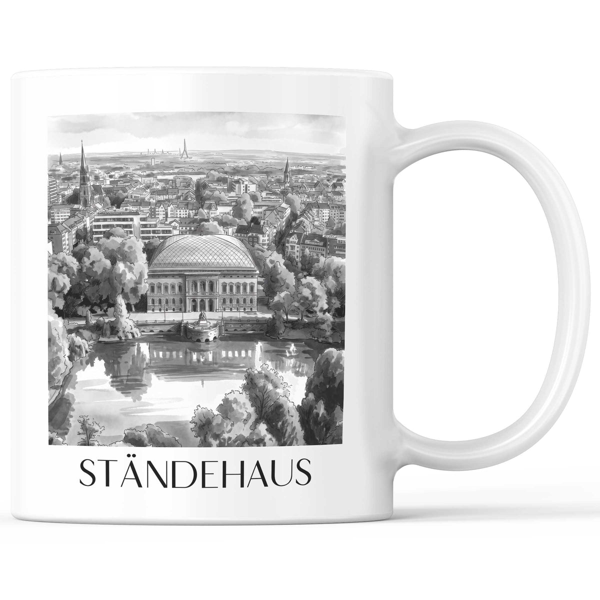 Ständehaus Kaffeebecher - Düsseldorf - Deutschland Becher - Kaffeetasse im Aquarell Schwarz-Weiß Stil - favplace