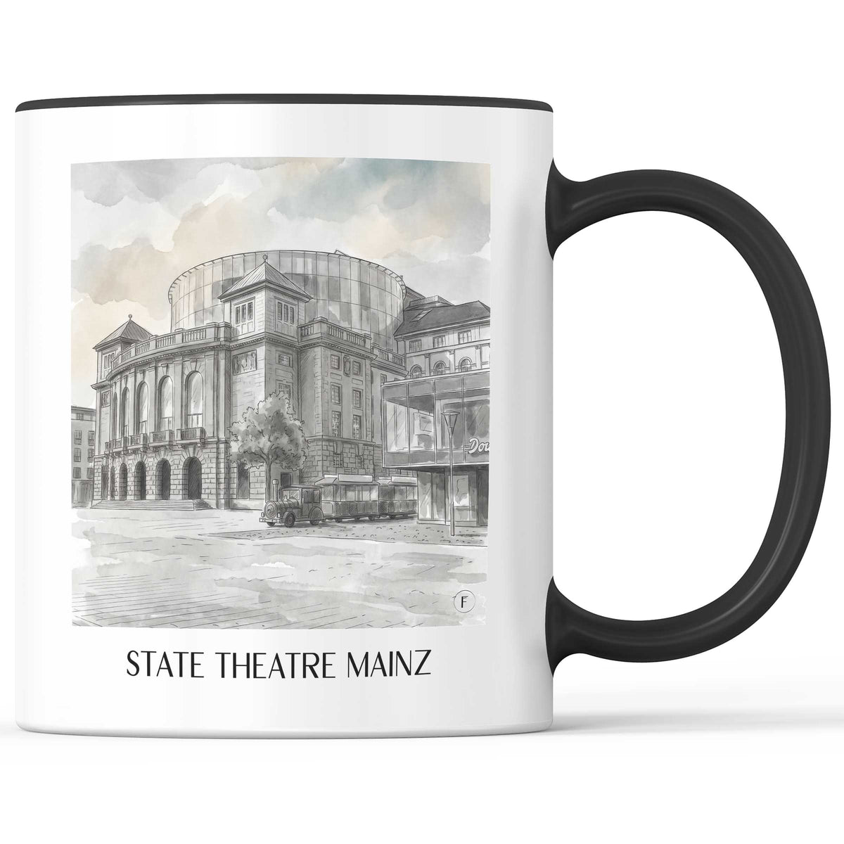 Staatstheater Kaffeebecher - Mainz - Deutschland Becher - Kaffeetasse im Aquarell Schwarz-Weiß Stil - favplace
