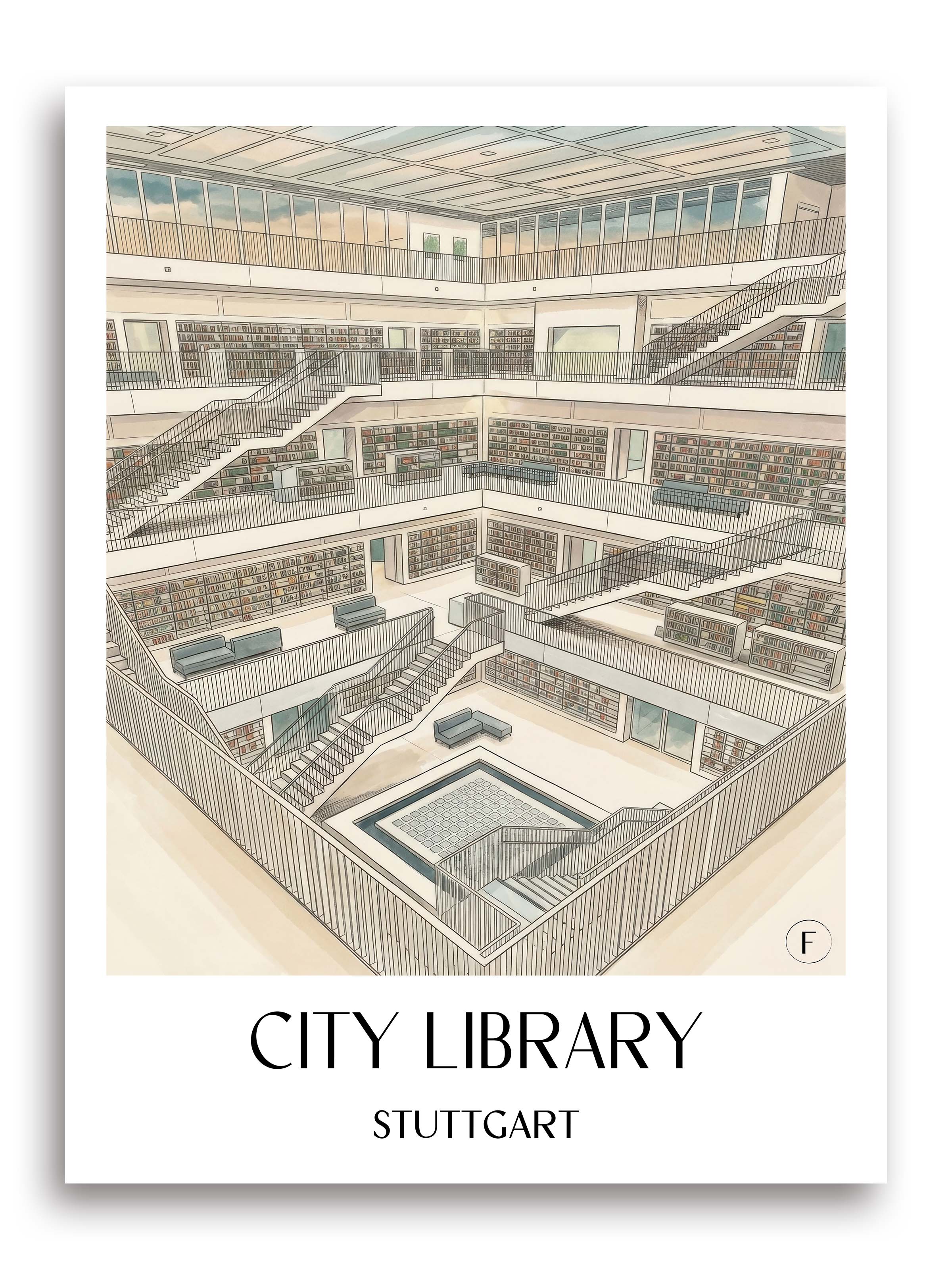 Stadtbibiothek Poster - Stuttgart - Deutschland Kunstdruck - Aquarell von A4 bis A1 - favplace
