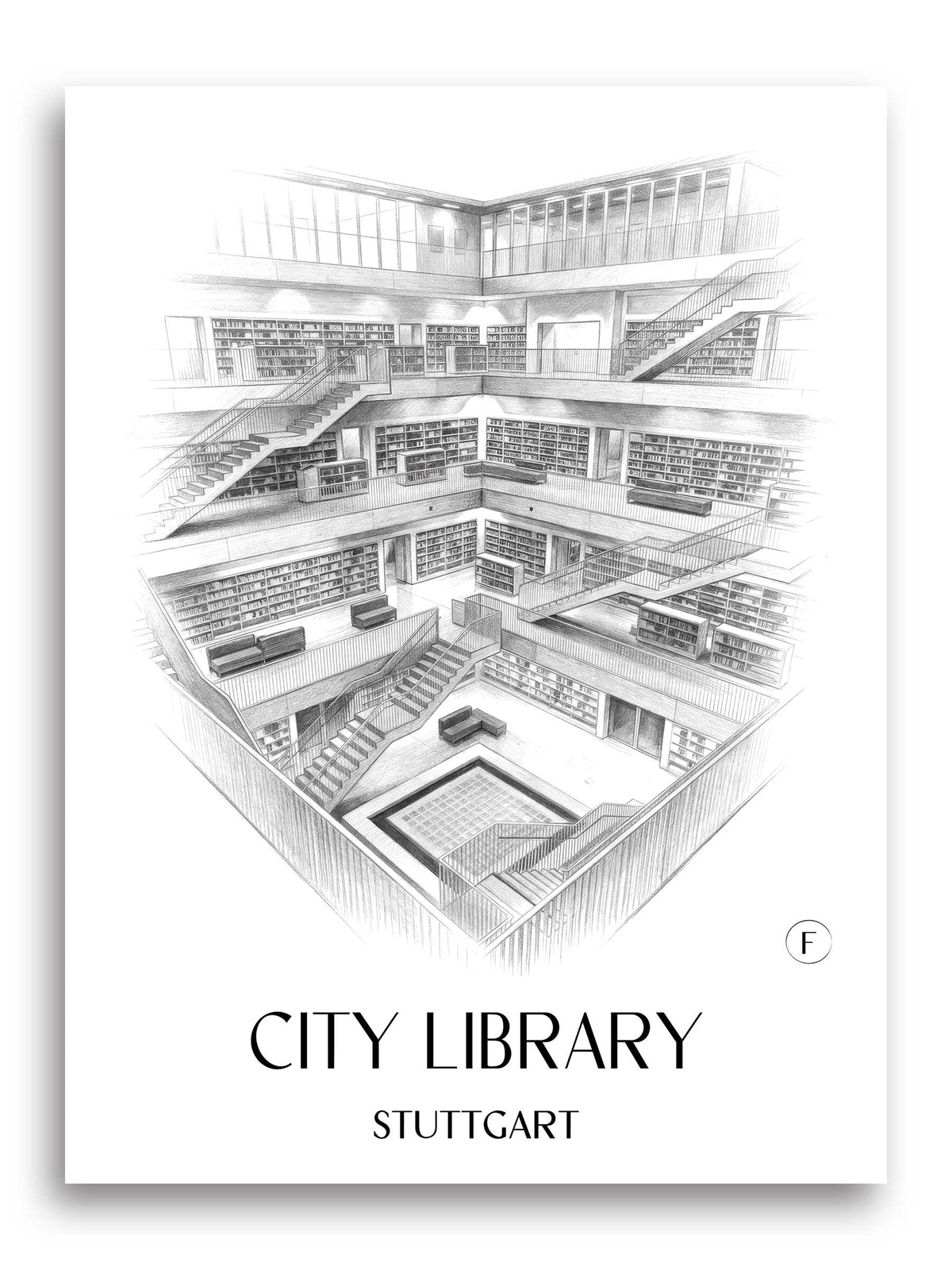 Stadtbibiothek Poster - Stuttgart - Deutschland Kunstdruck - Zeichnung von A4 bis A1 - favplace