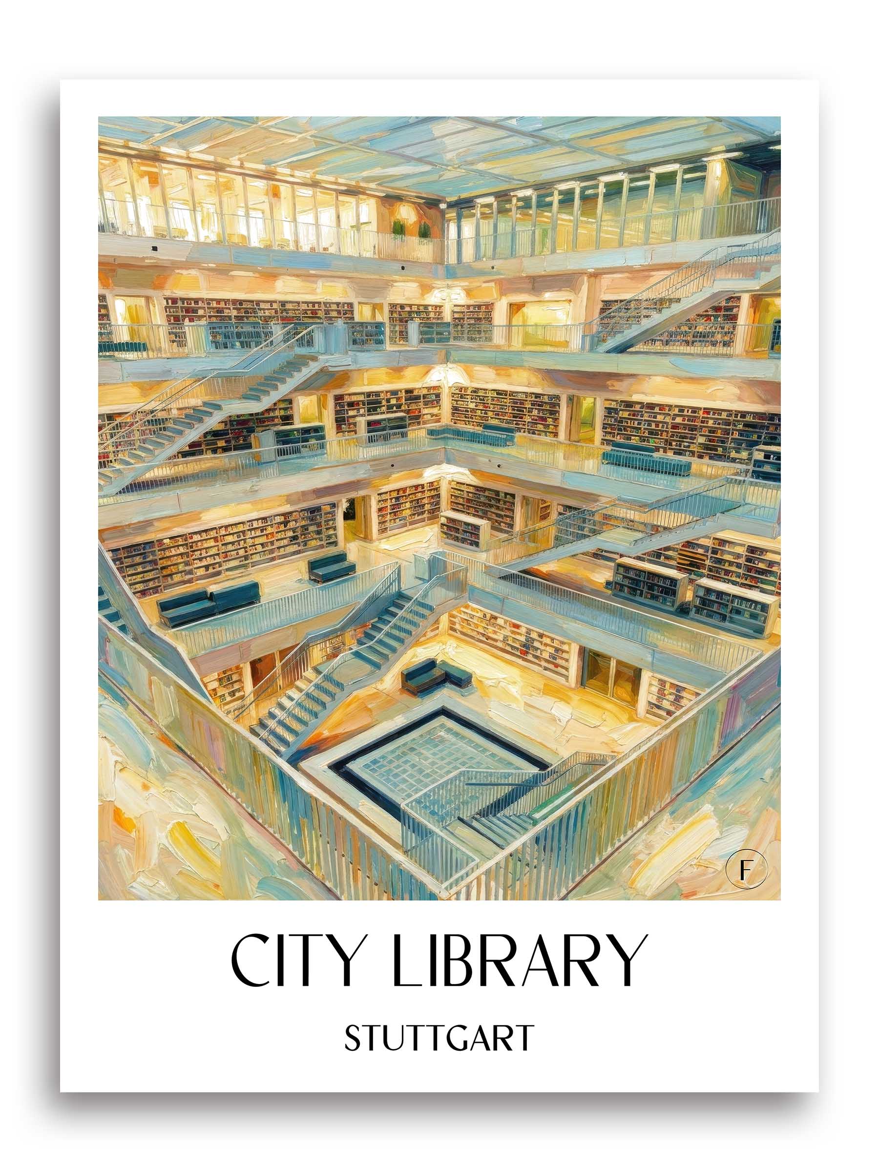 Stadtbibiothek Poster - Stuttgart - Deutschland Kunstdruck - Ölgemälde von A4 bis A1 - favplace