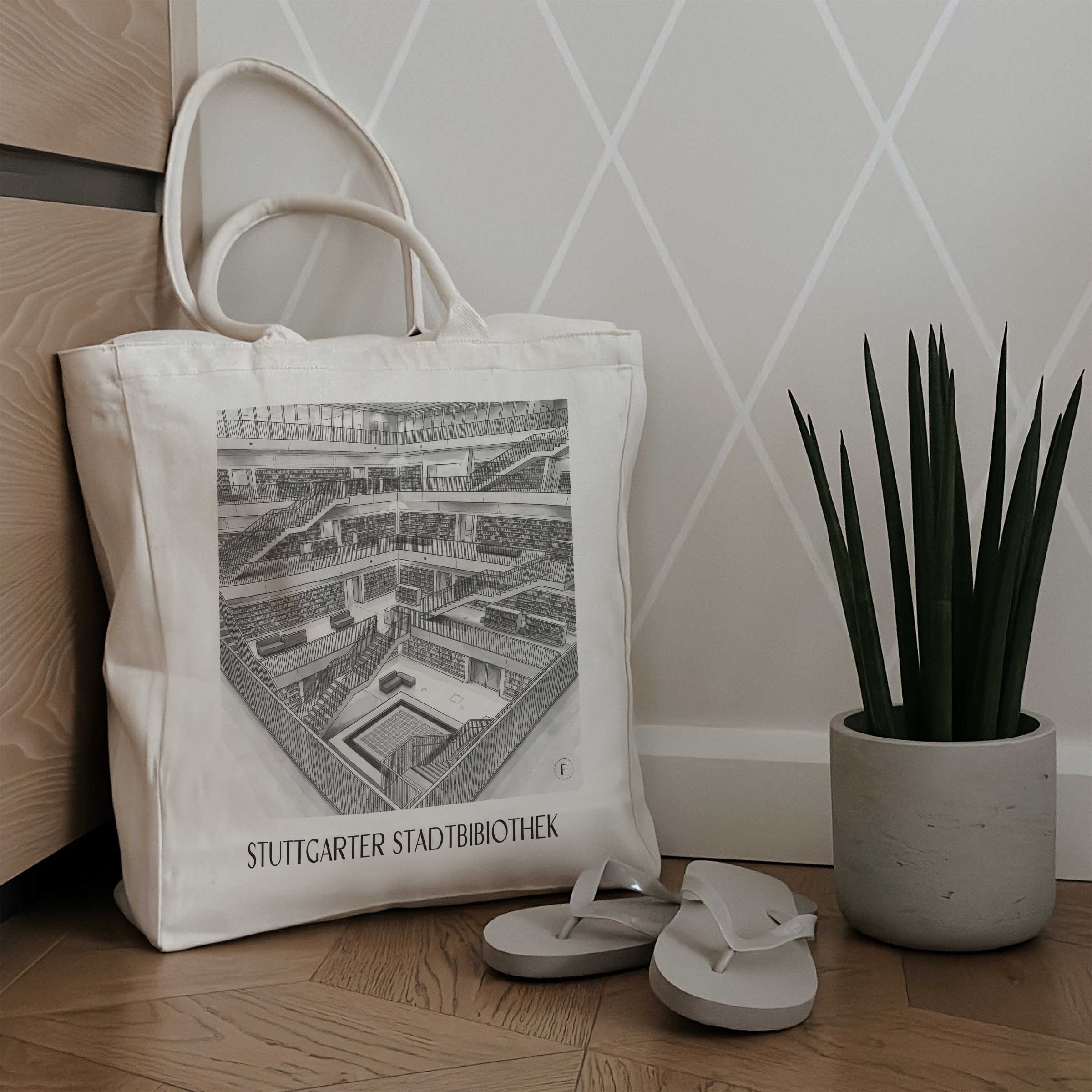 stadtbibiothek-stuttgart-deutschland-einkaufstasche-aquarell-schwarz-weiss