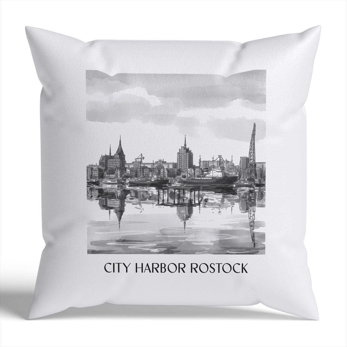 Stadthafen Kissenhülle - Zierkissen Bezug - Rostock - Deutschland Kissen bzw. Kissenbezug im Aquarell Schwarz-Weiß Stil - favplace