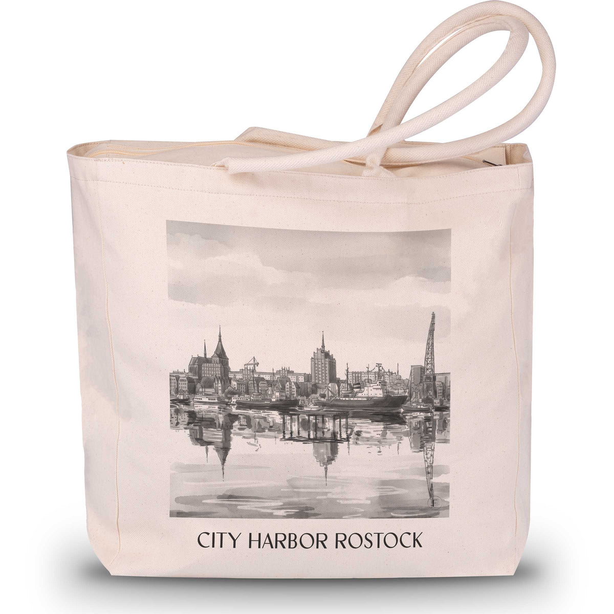 Stadthafen Shopping Tasche - Rostock - Deutschland Tote Bag - Einkaufstasche im Aquarell Schwarz-Weiß Stil - favplace
