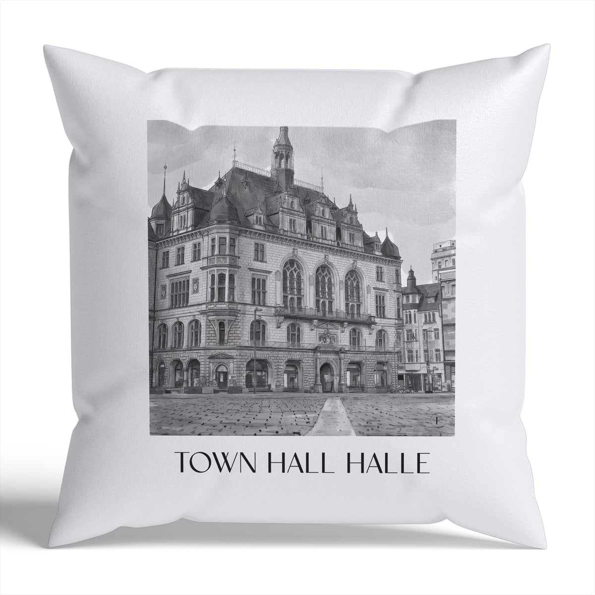 Stadthaus Kissenhülle - Zierkissen Bezug - Halle - Deutschland Kissen bzw. Kissenbezug im Aquarell Schwarz-Weiß Stil - favplace