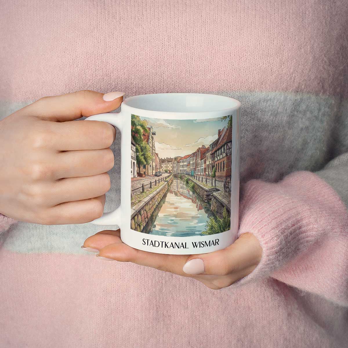 stadtkanal-wismar-deutschland-kaffeebecher-aquarell