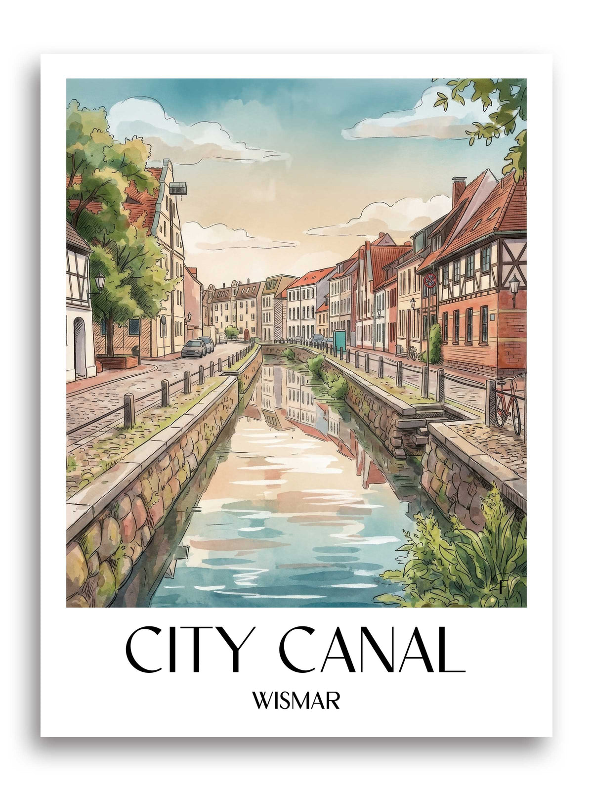 Stadtkanal Poster - Wismar - Deutschland Kunstdruck - Aquarell von A4 bis A1 - favplace