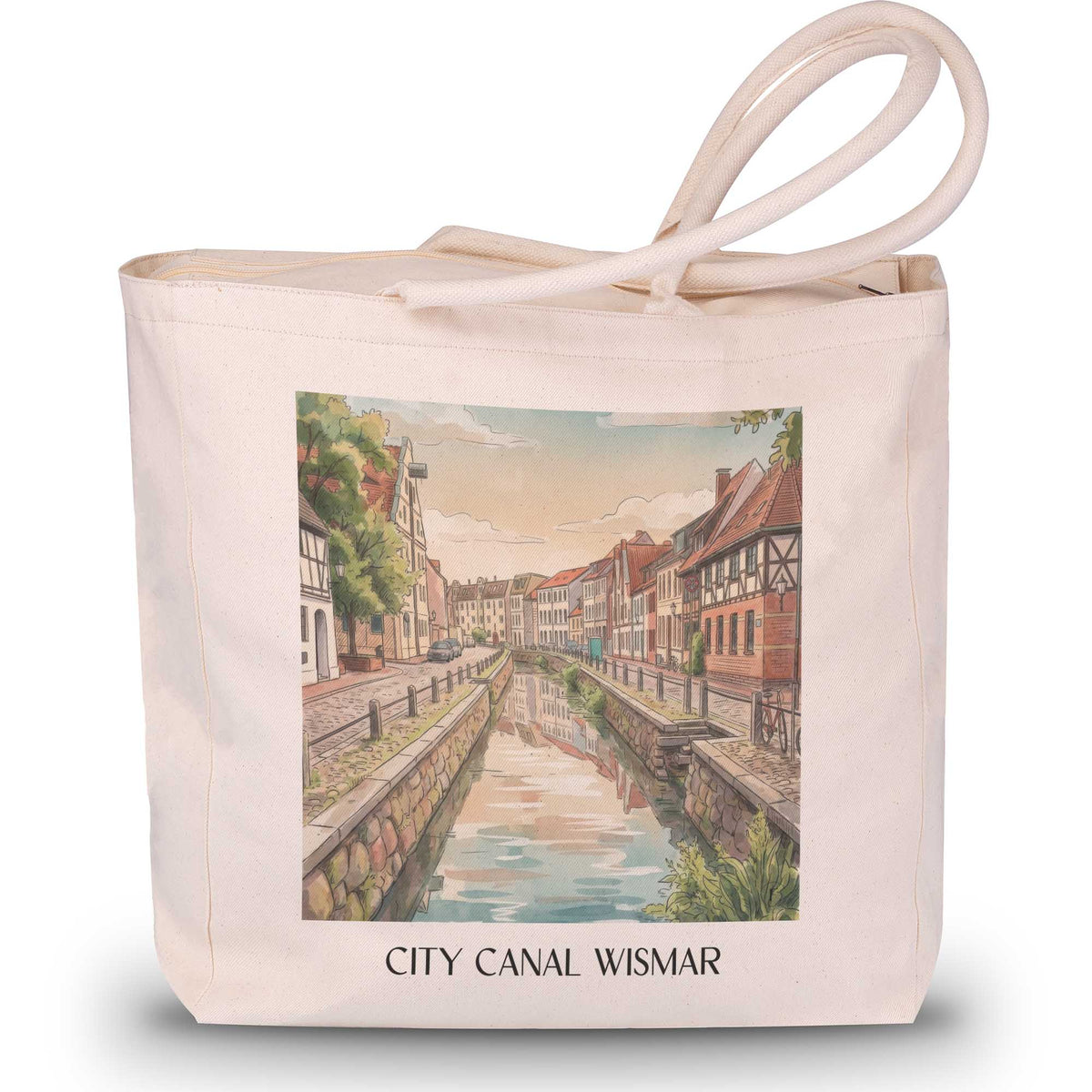 Stadtkanal Shopping Tasche - Wismar - Deutschland Tote Bag - Einkaufstasche im Aquarell Stil - favplace