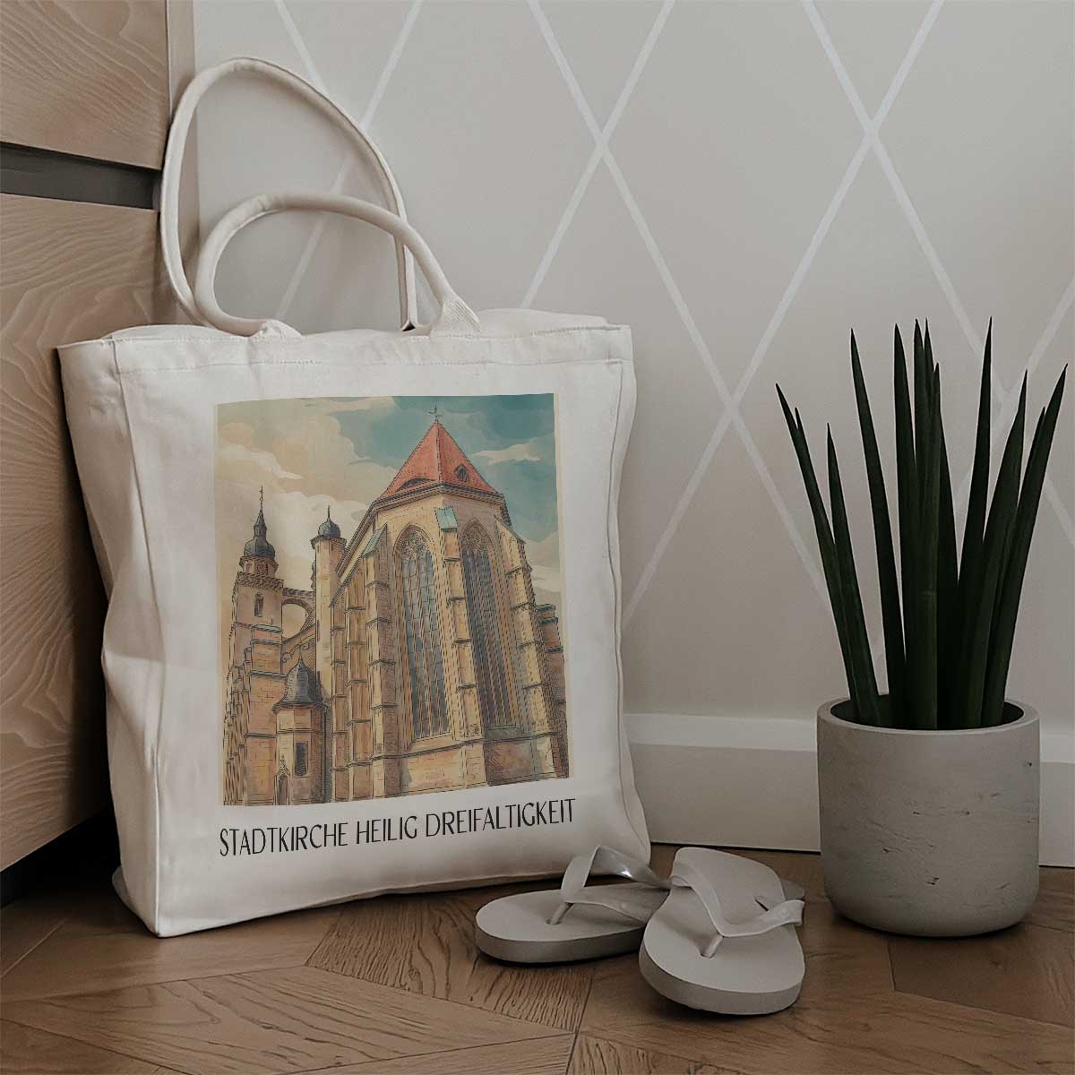 stadtkirche-heilig-dreifaltigkeit-bayreuth-deutschland-einkaufstasche-aquarell
