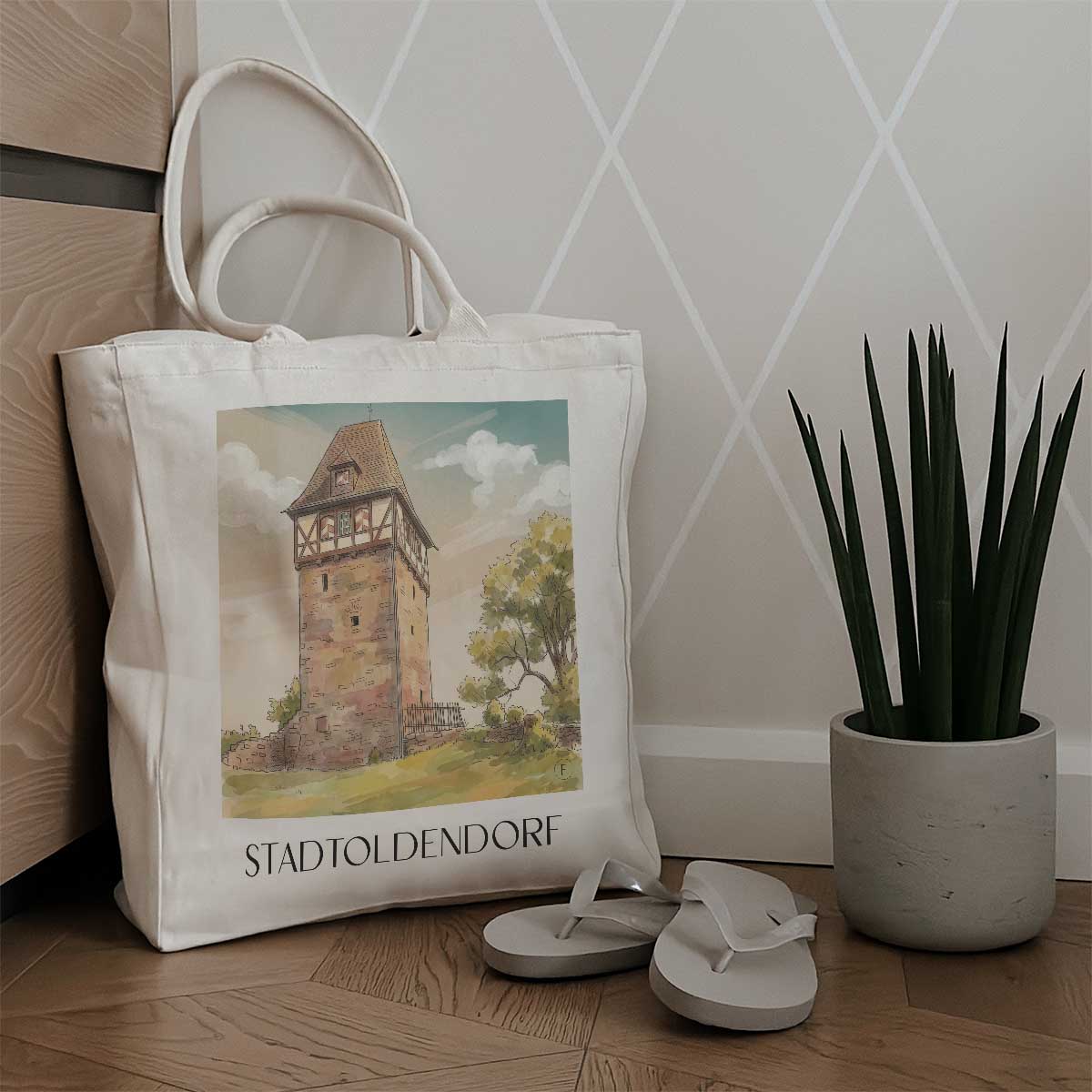 stadtoldendorf-niedersachsen-deutschland-einkaufstasche-aquarell