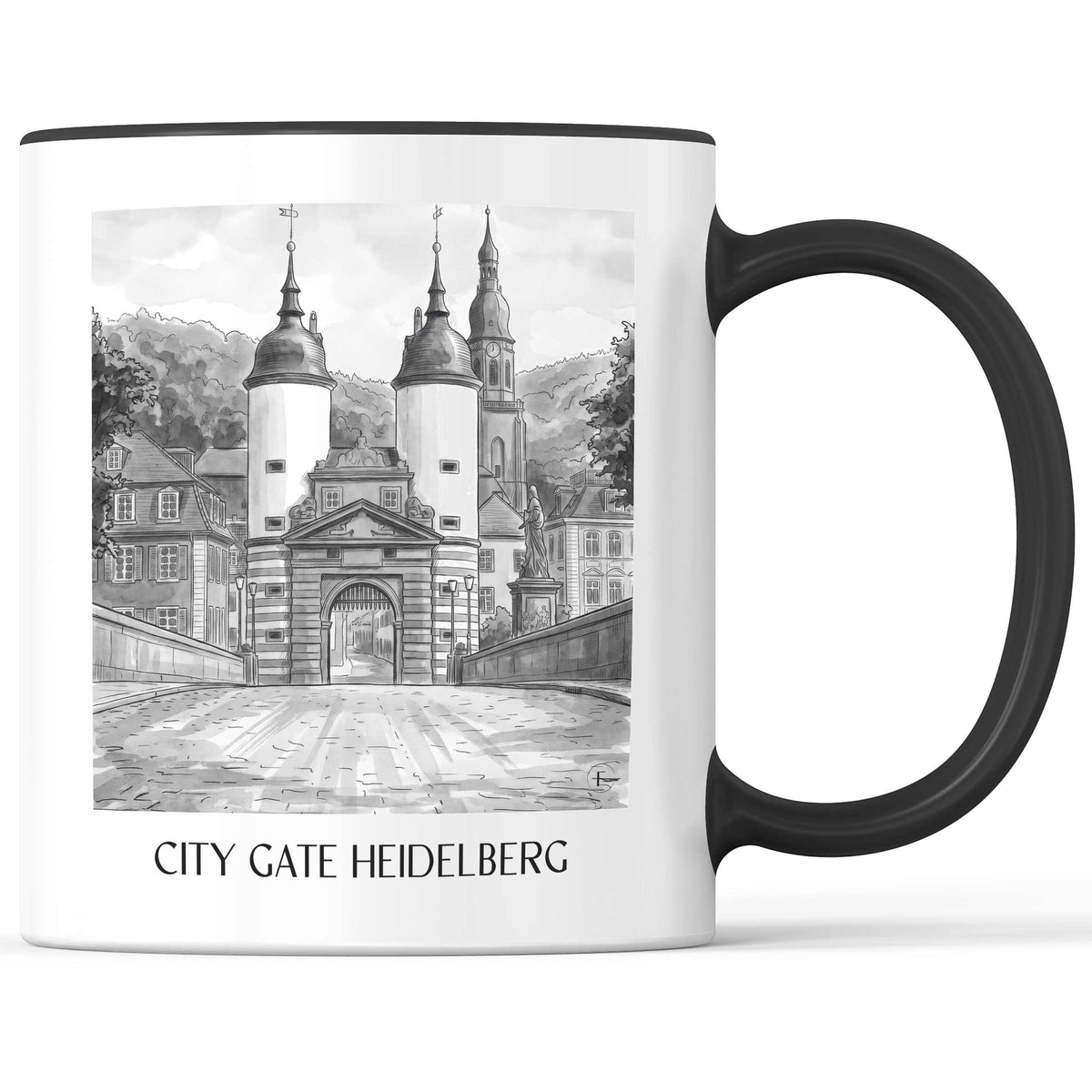 Stadttor Kaffeebecher - Heidelberg - Deutschland Becher - Kaffeetasse im Aquarell Schwarz-Weiß Stil - favplace