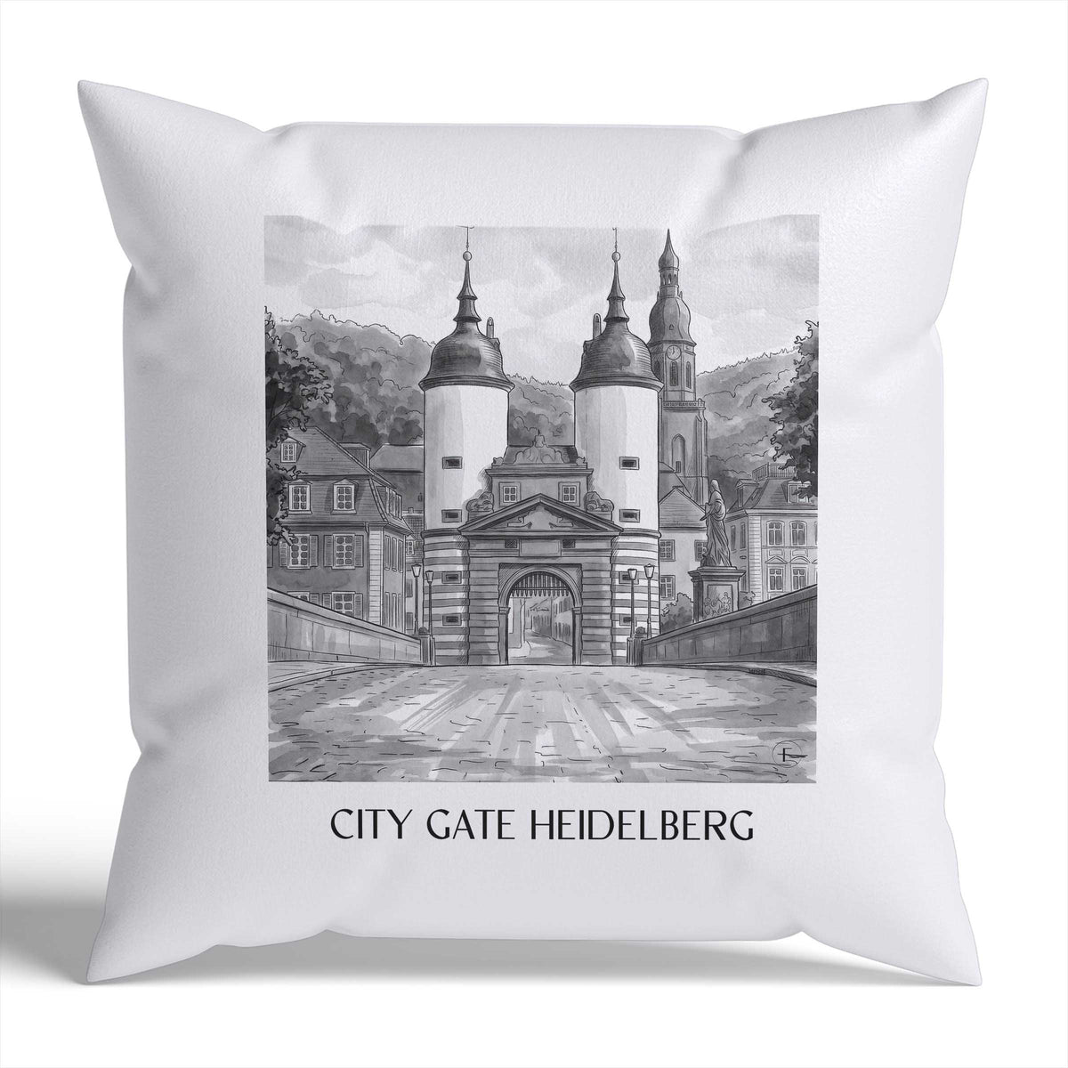 Stadttor Kissenhülle - Zierkissen Bezug - Heidelberg - Deutschland Kissen bzw. Kissenbezug im Aquarell Schwarz-Weiß Stil - favplace