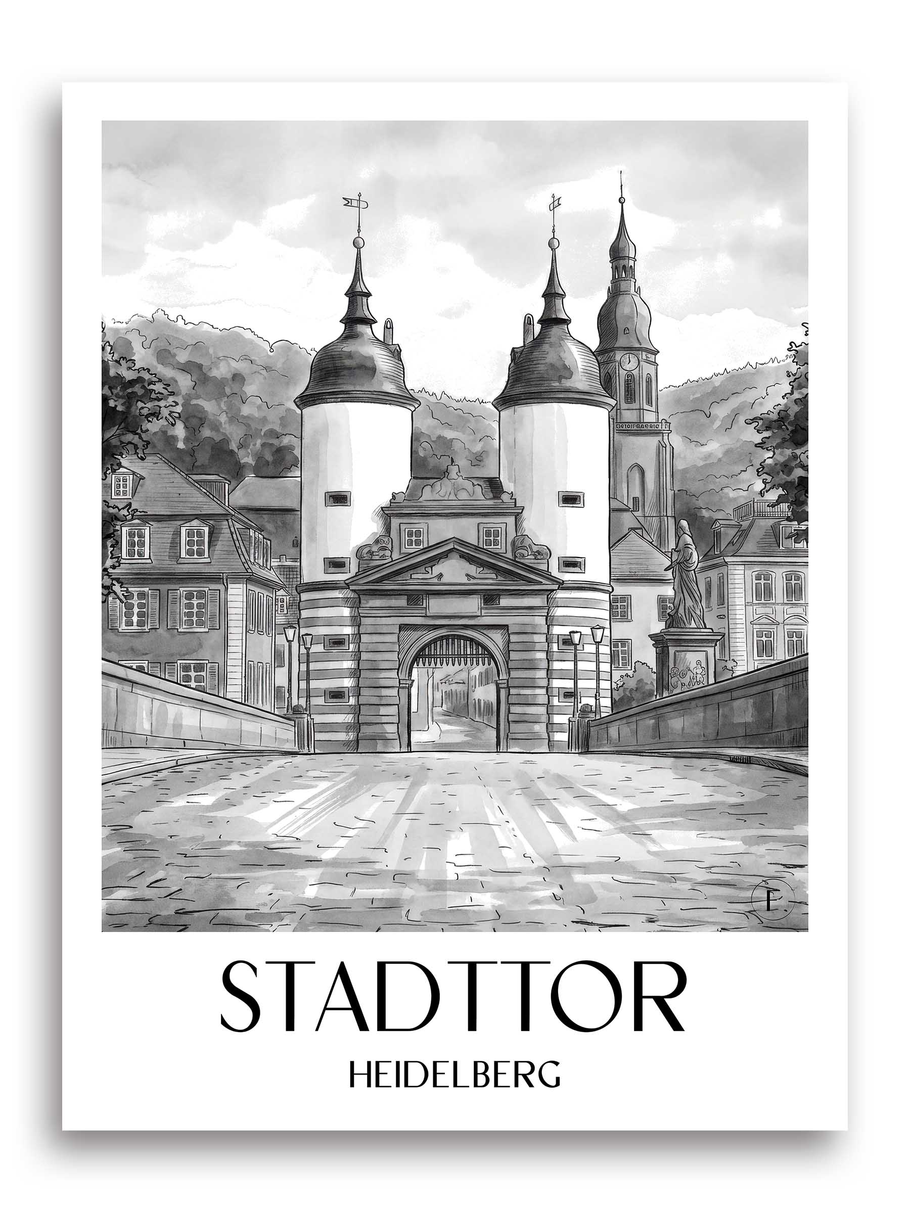 stadttor-heidelberg-deutschland-poster-aquarell-schwarz-weiss