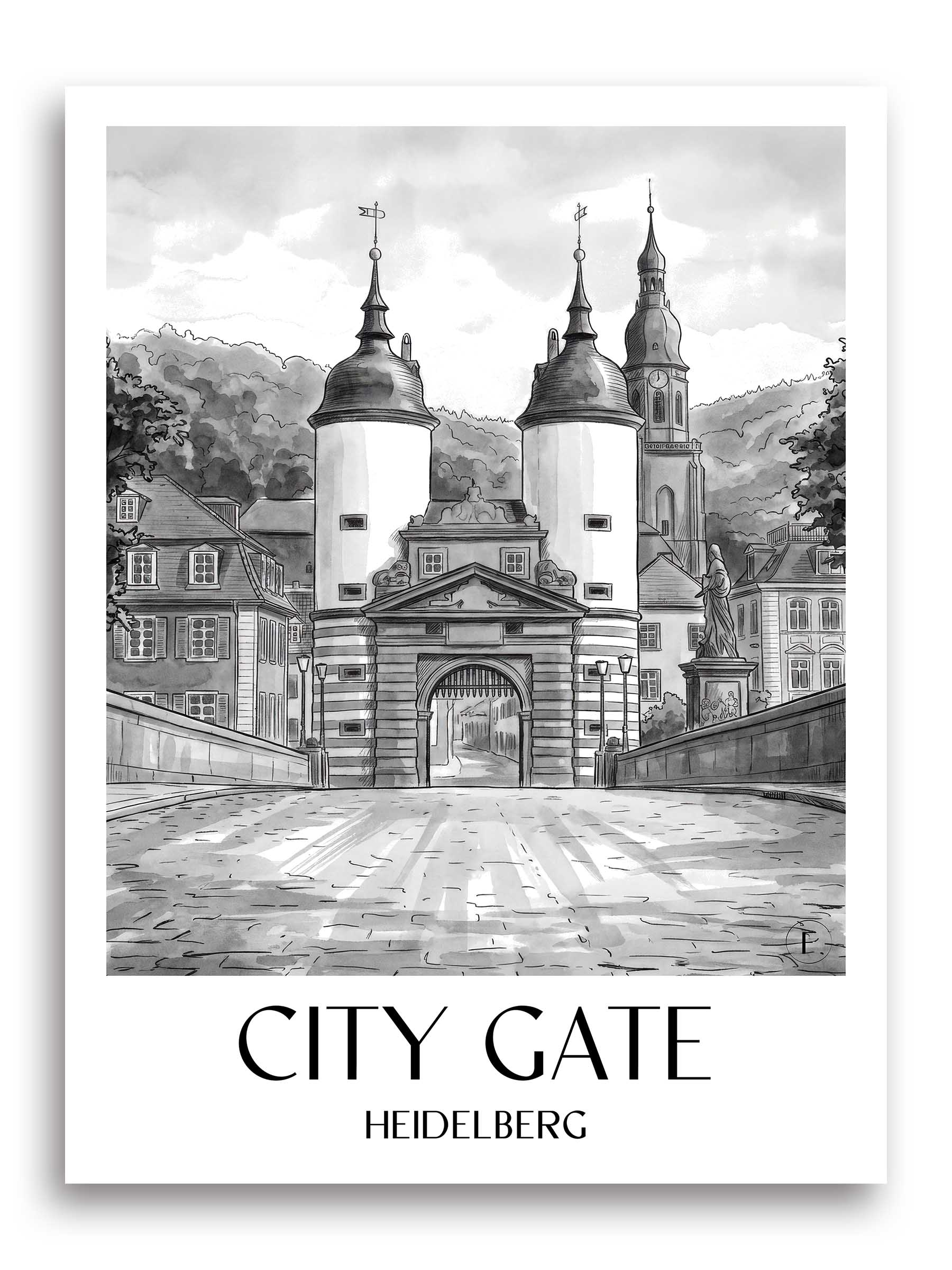 Stadttor Poster - Heidelberg - Deutschland Kunstdruck - Aquarell Schwarz-Weiß von A4 bis A1