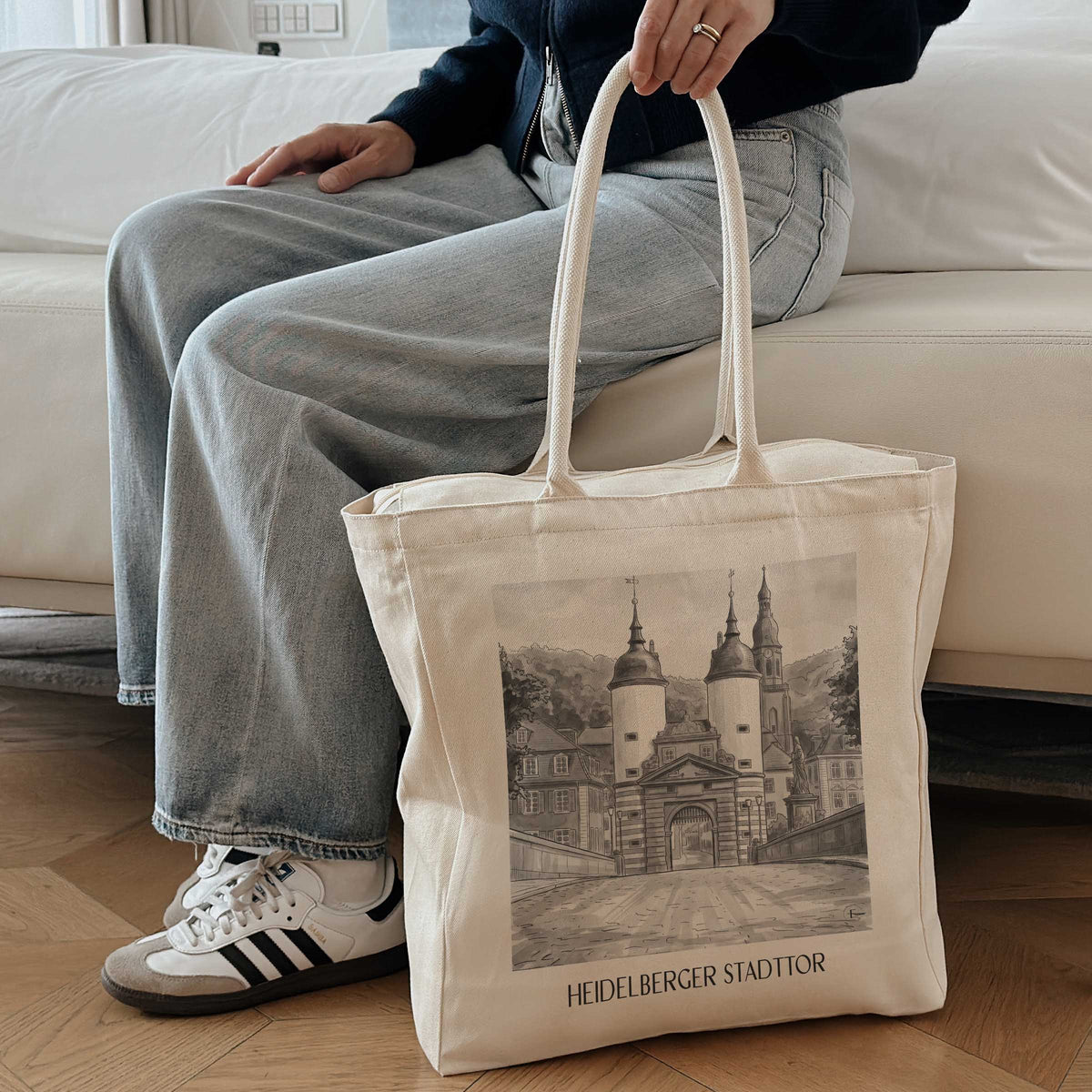 stadttor-heidelberg-deutschland-einkaufstasche-aquarell-schwarz-weiss