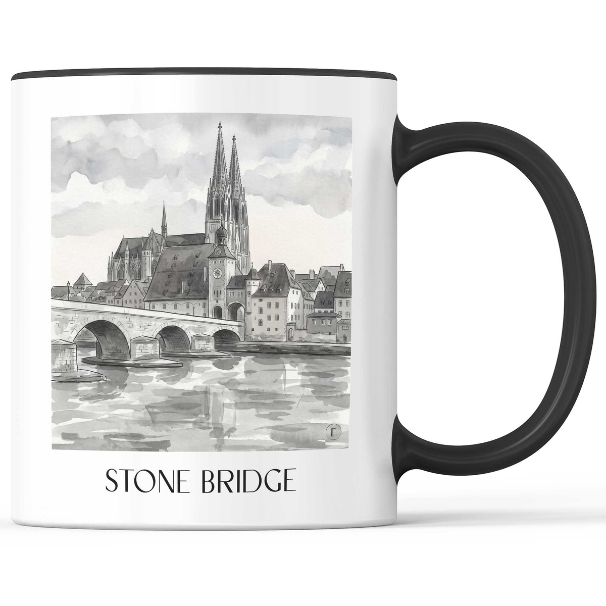 Steinerne Brücke Kaffeebecher - Regensburg - Deutschland Becher - Kaffeetasse im Aquarell Schwarz-Weiß Stil - favplace