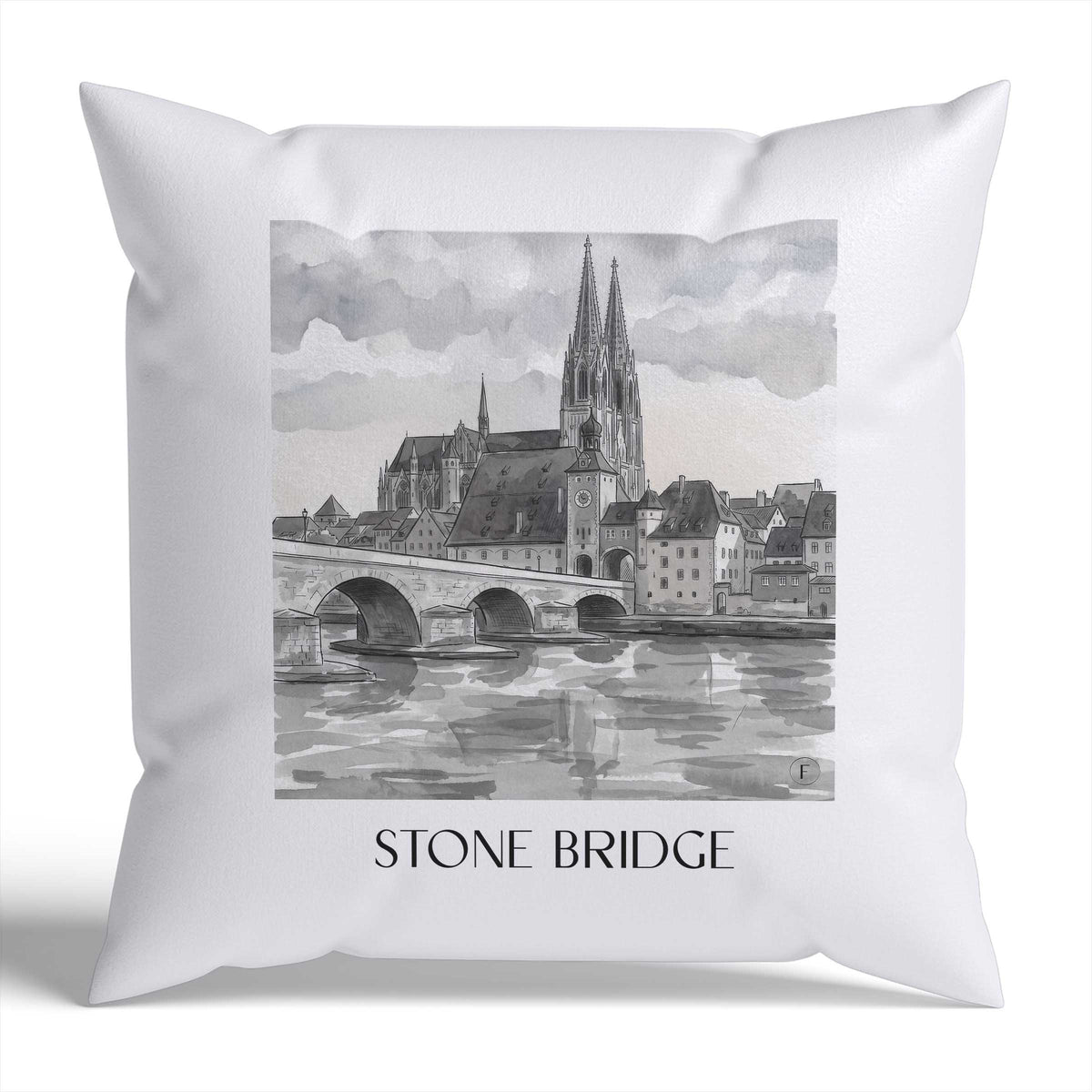 Steinerne Brücke Kissenhülle - Zierkissen Bezug - Regensburg - Deutschland Kissen bzw. Kissenbezug im Aquarell Schwarz-Weiß Stil - favplace