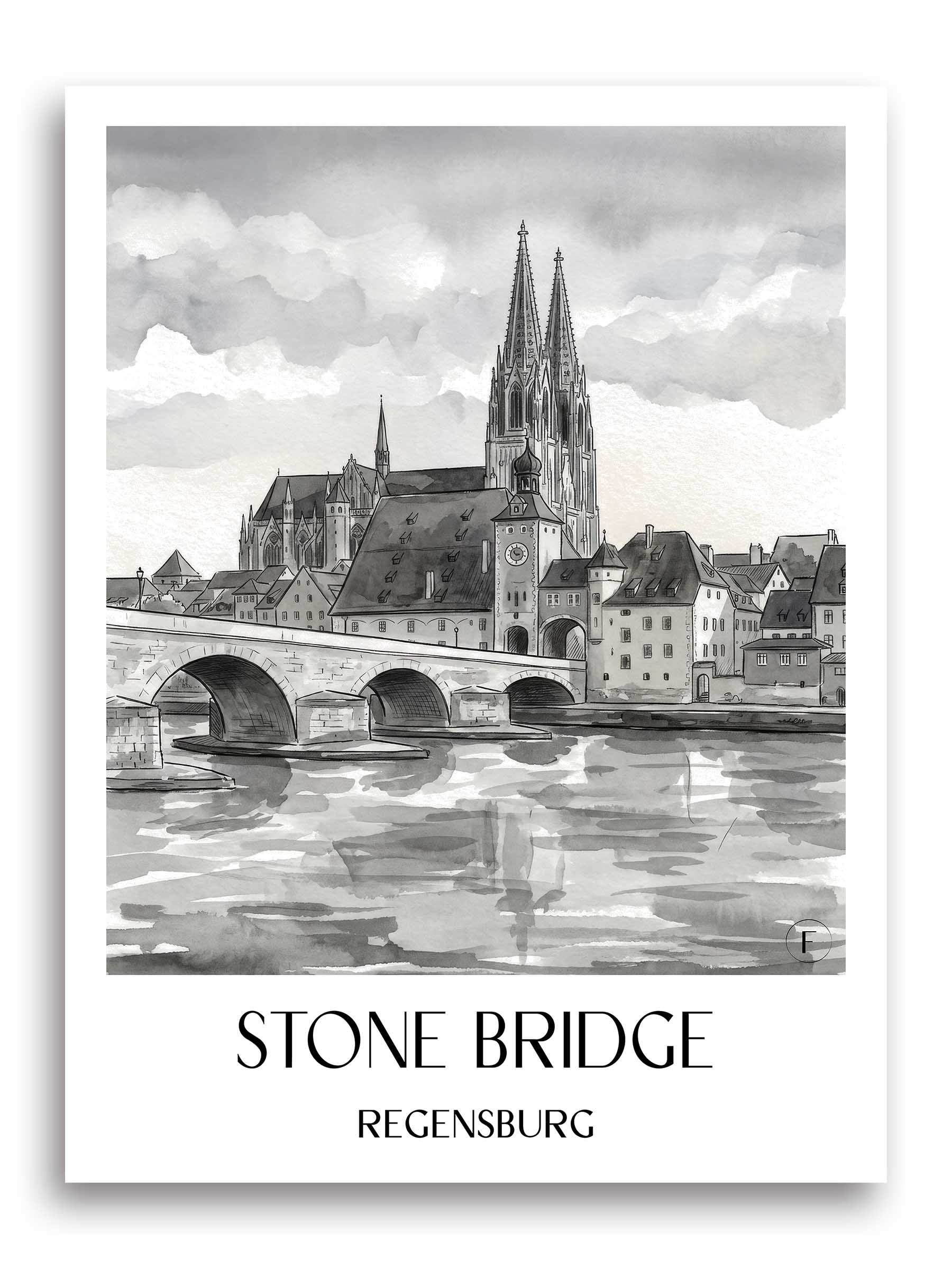 Steinerne Brücke Poster - Regensburg - Deutschland Kunstdruck - Aquarell Schwarz-Weiß von A4 bis A1