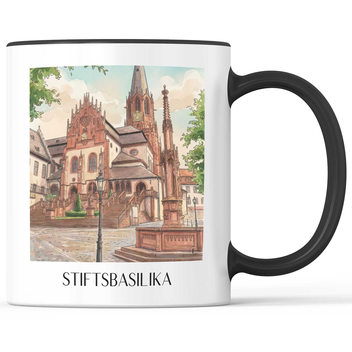 stiftsbasilika-aschaffenburg-deutschland-kaffeebecher-aquarell