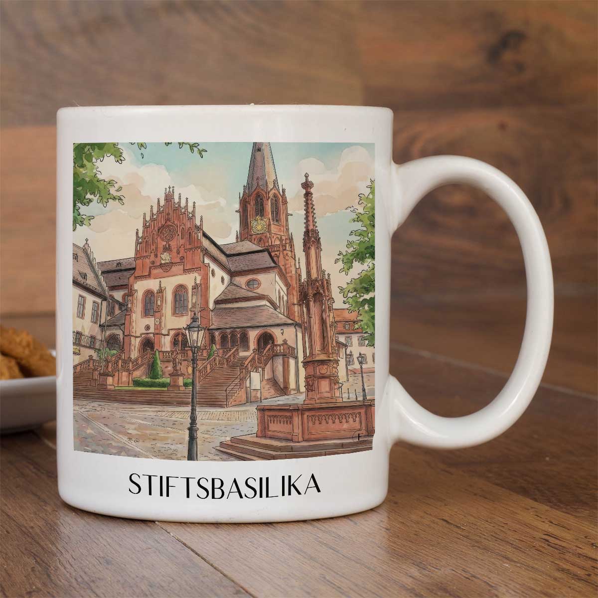 stiftsbasilika-aschaffenburg-deutschland-kaffeebecher-aquarell