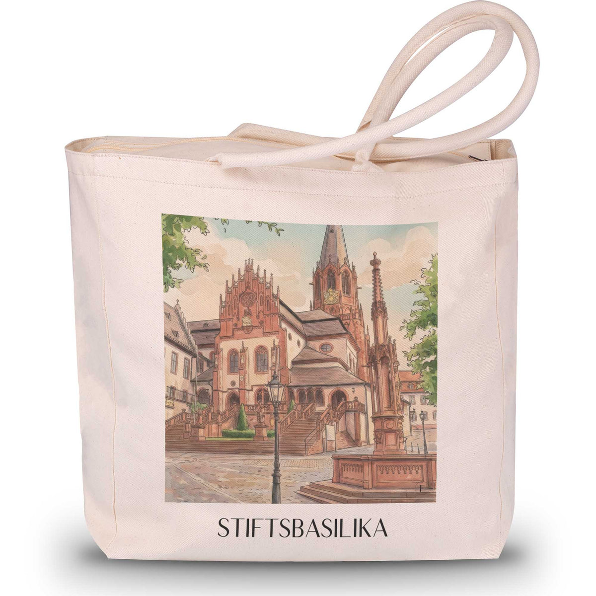 stiftsbasilika-aschaffenburg-deutschland-einkaufstasche-aquarell