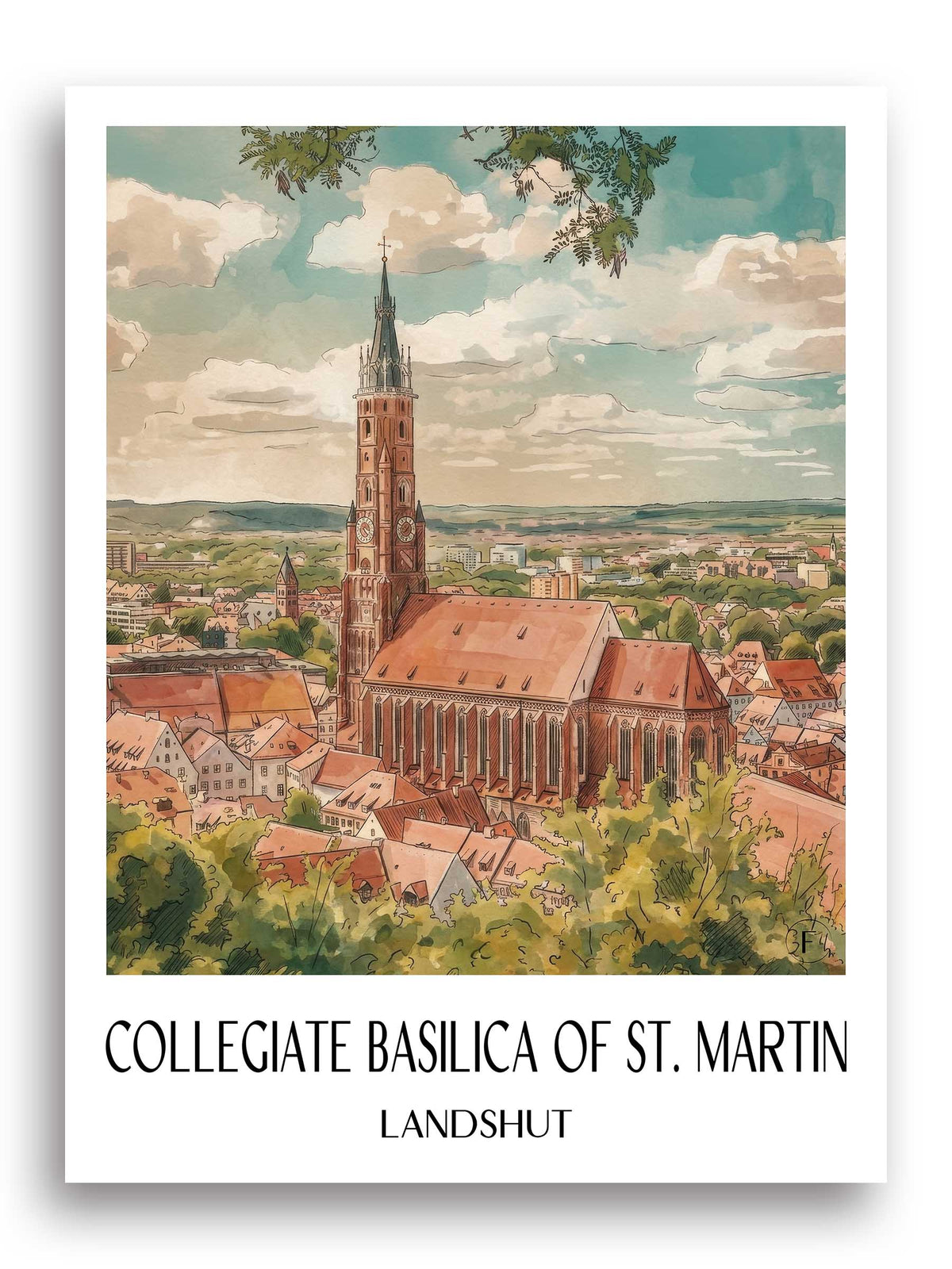 Stiftsbasilika St. Martin Poster - Landshut - Deutschland Kunstdruck - Aquarell von A4 bis A1 - favplace