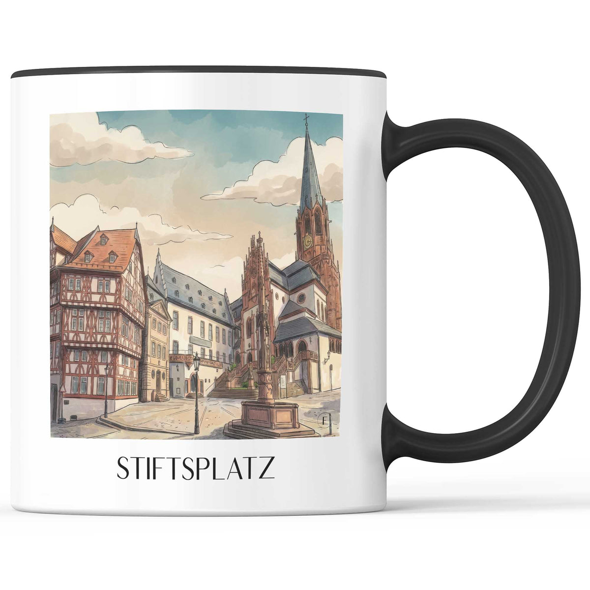 stiftsplatz-aschaffenburg-deutschland-kaffeebecher-aquarell