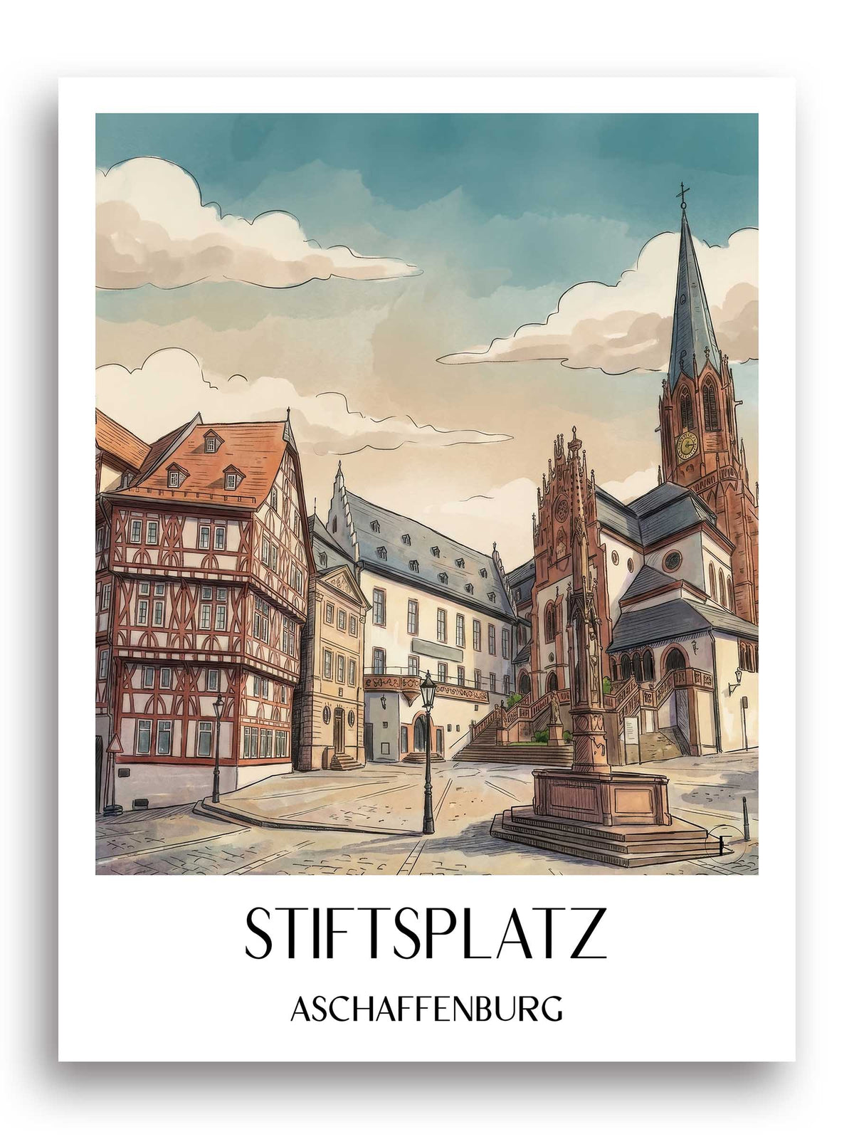 stiftsplatz-aschaffenburg-deutschland-poster-aquarell
