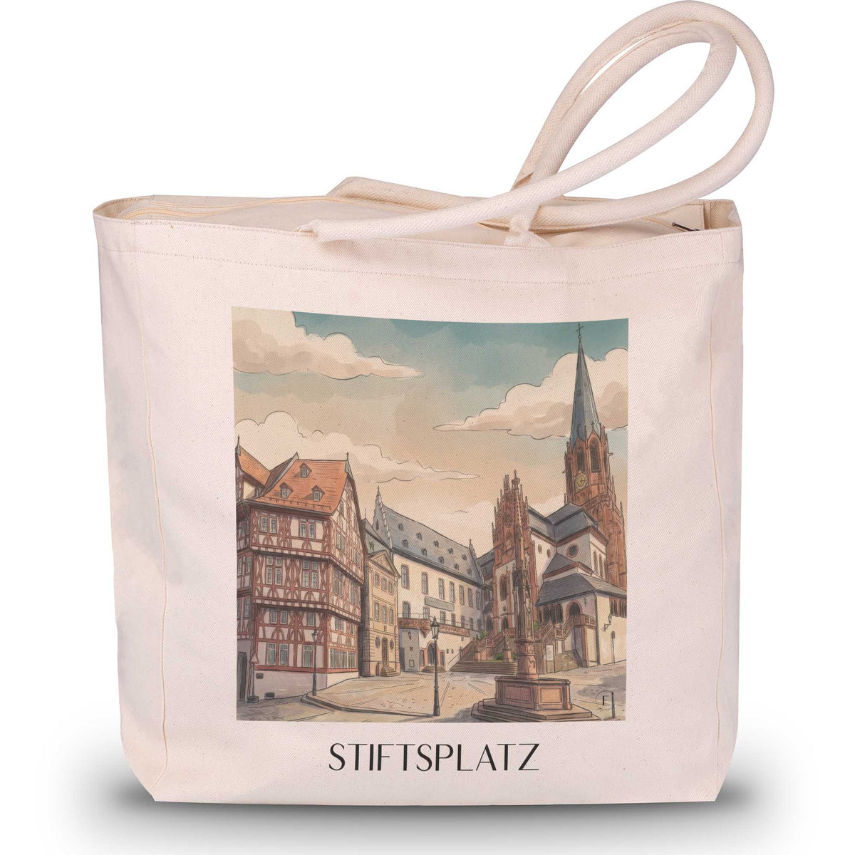 stiftsplatz-aschaffenburg-deutschland-einkaufstasche-aquarell